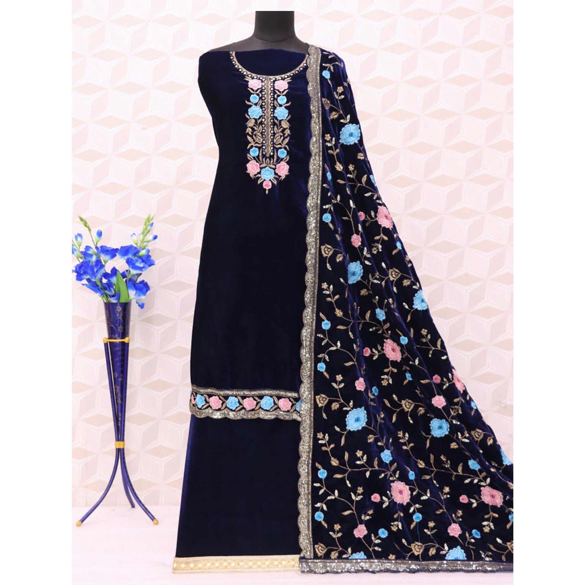 Blue Floral Embroidered Velvet Semi Stitched Suit