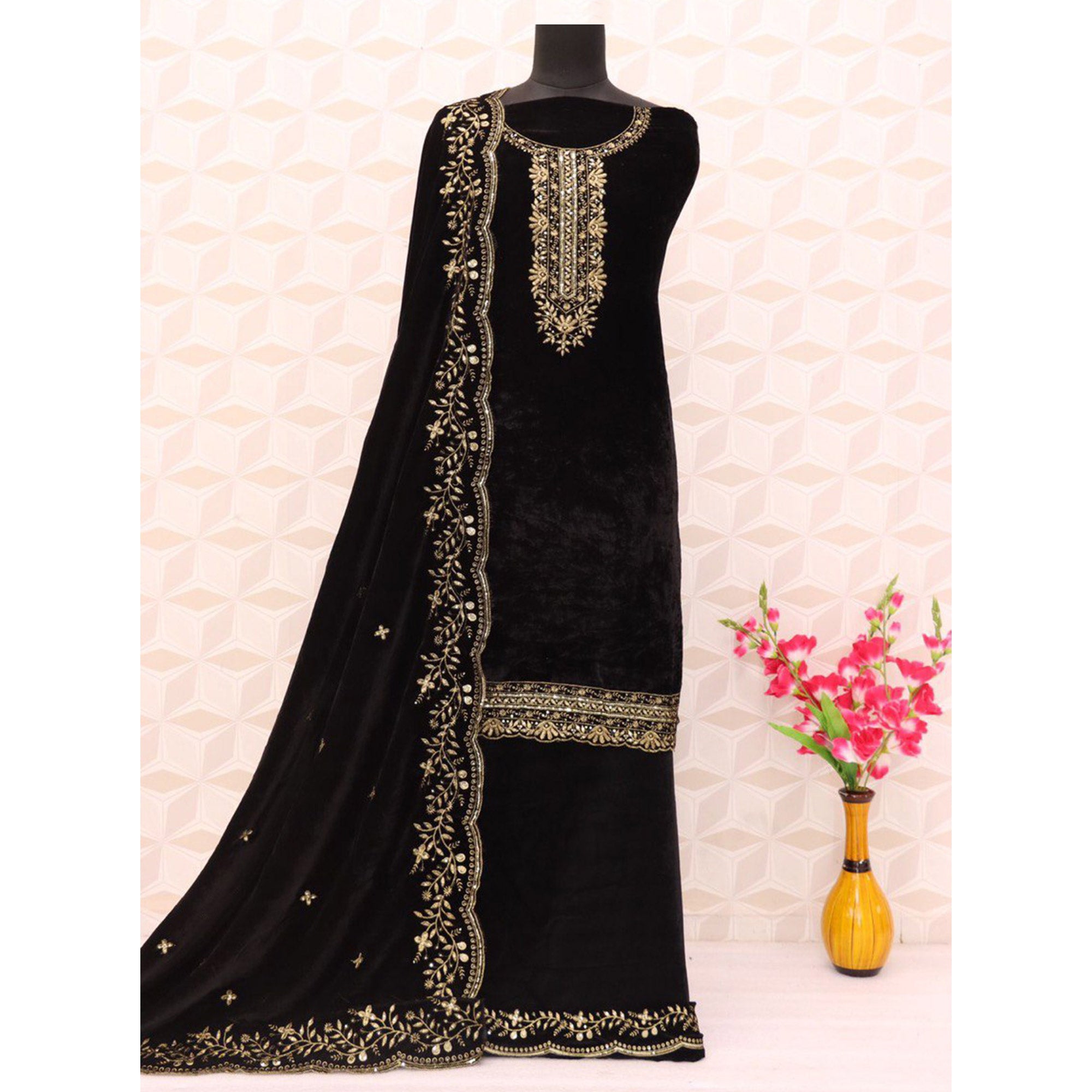 Black Floral Embroidered Velvet Semi Stitched Suit