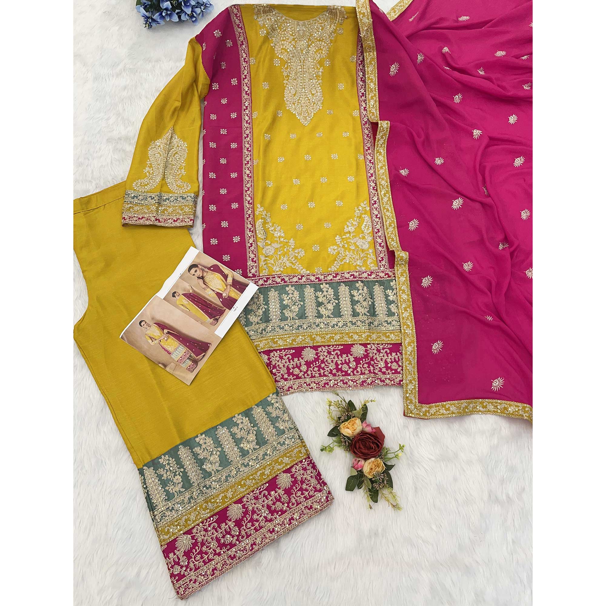 Mustard Embroidered Sequins Work Chinon Semi-Stitched Salwar Suit