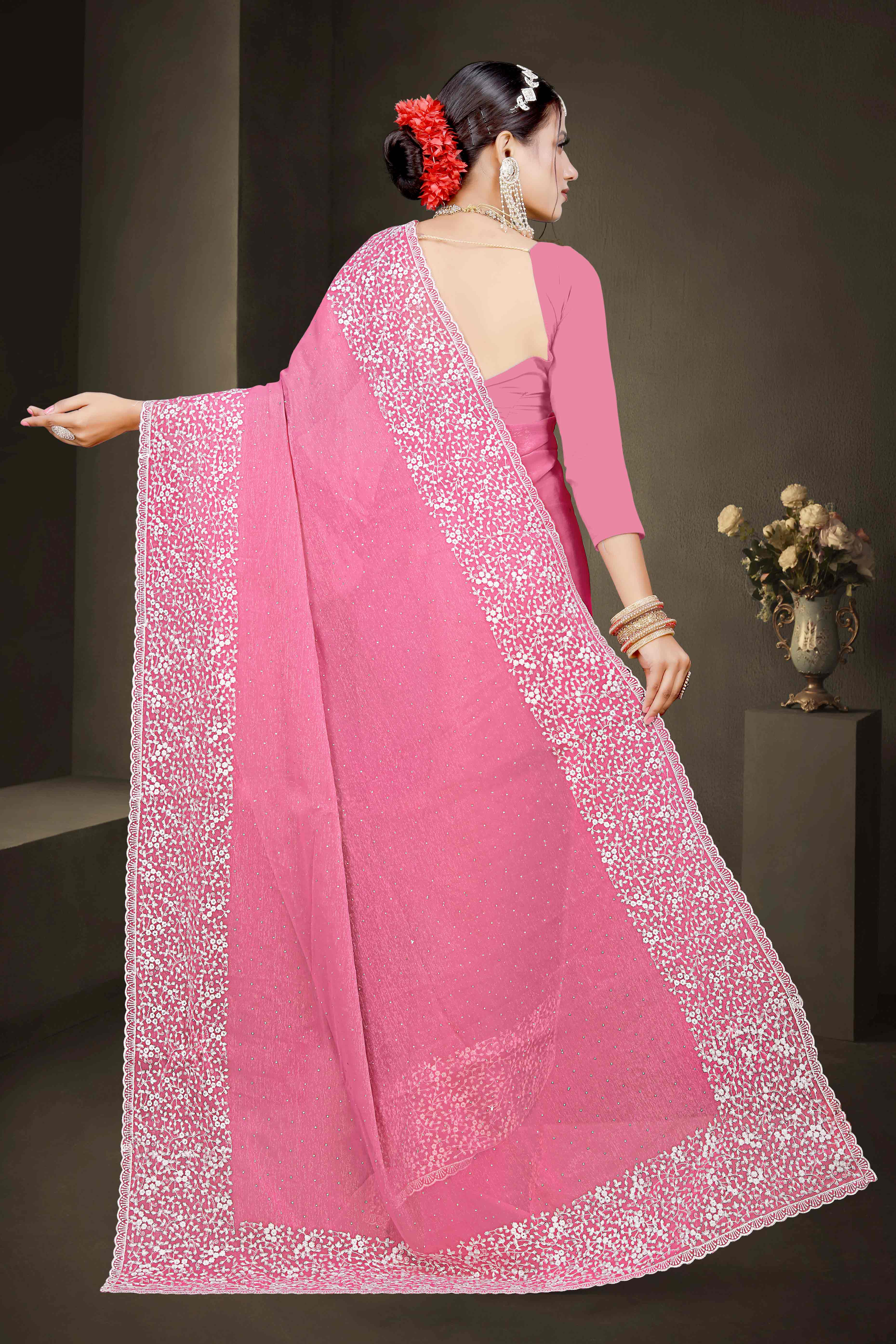 Pink Floral Embroidery With Stonework Chiffon Shimmer Saree
