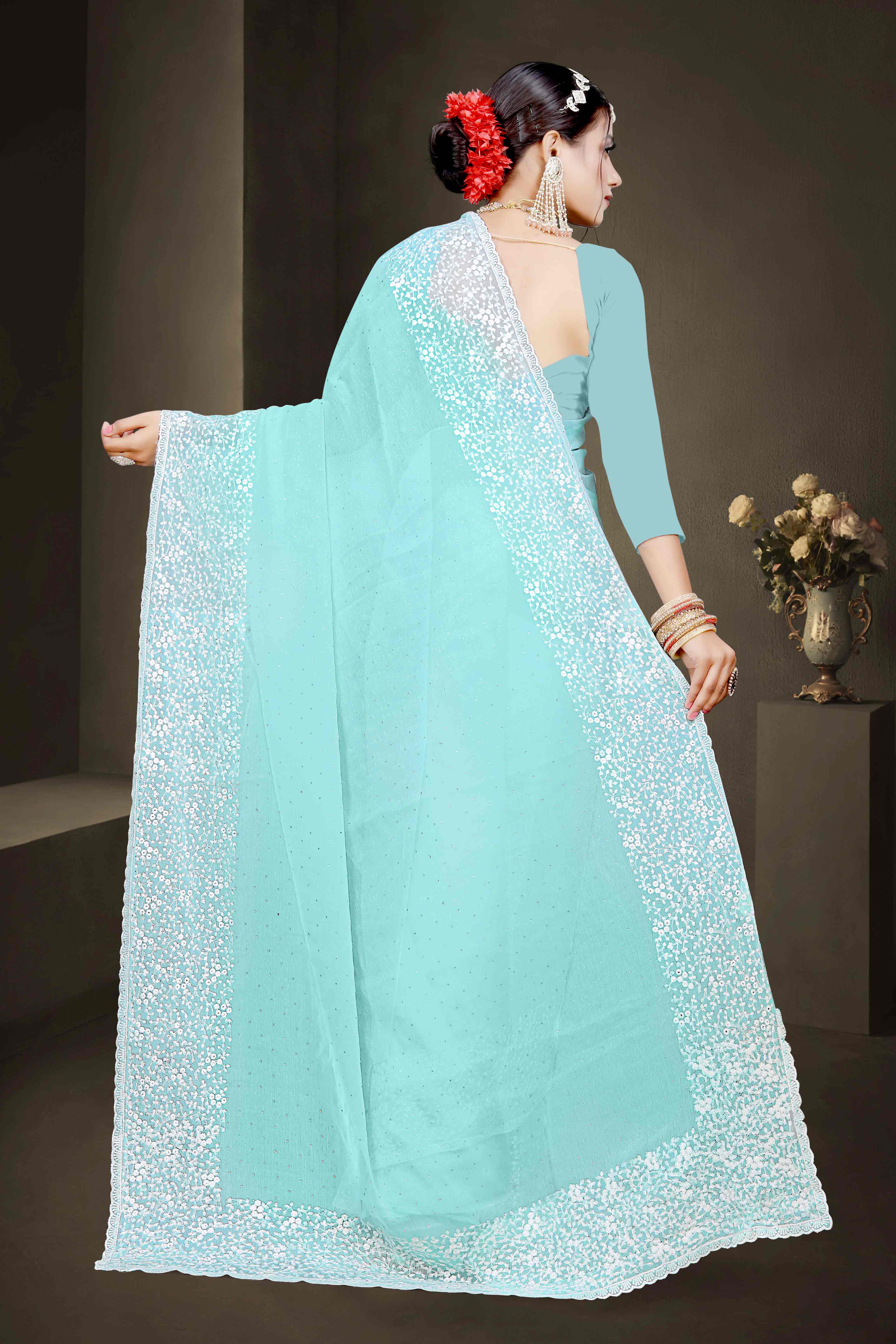 Blue Floral Embroidery With Stonework Chiffon Shimmer Saree