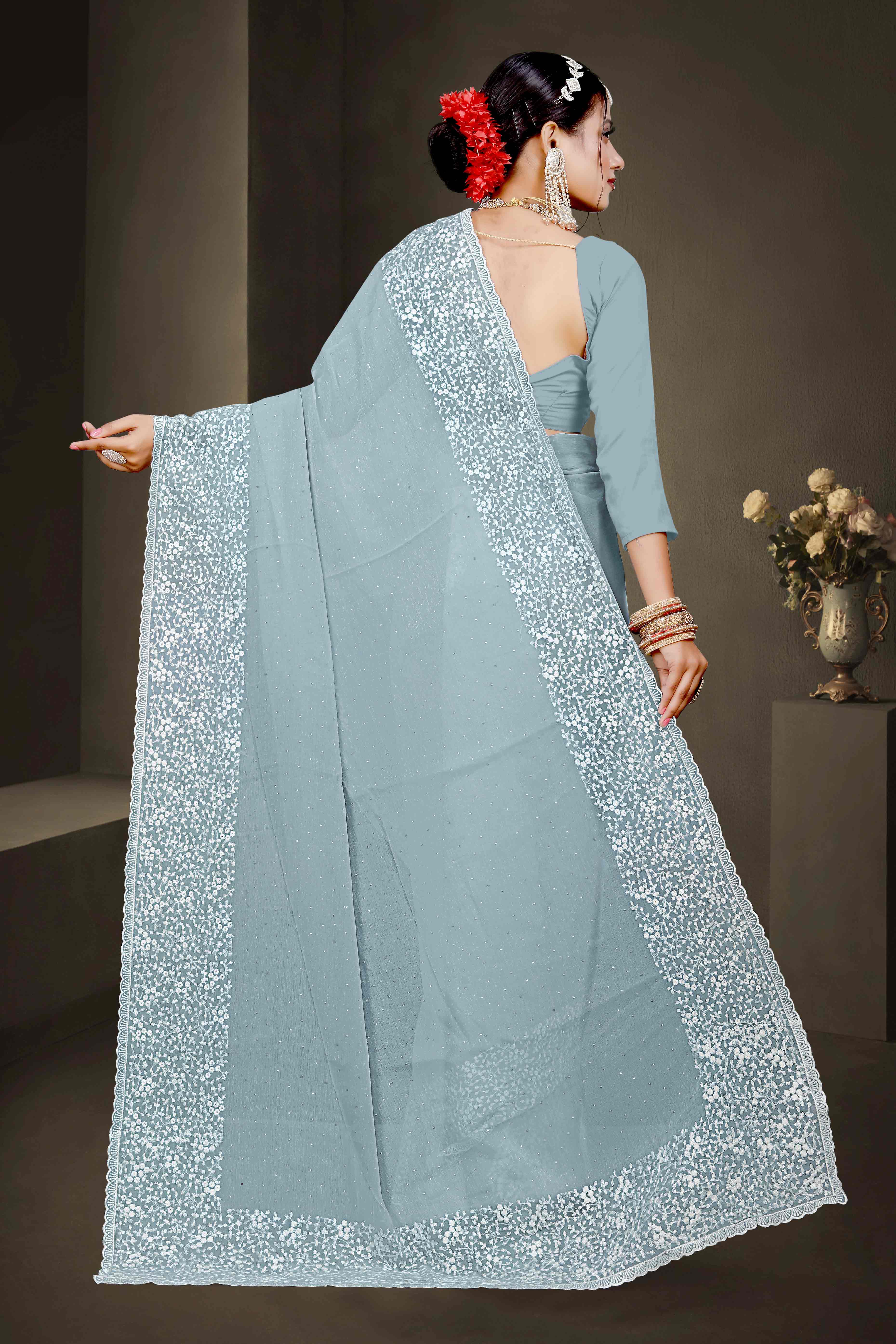 Grey Floral Embroidery With Stonework Chiffon Shimmer Saree
