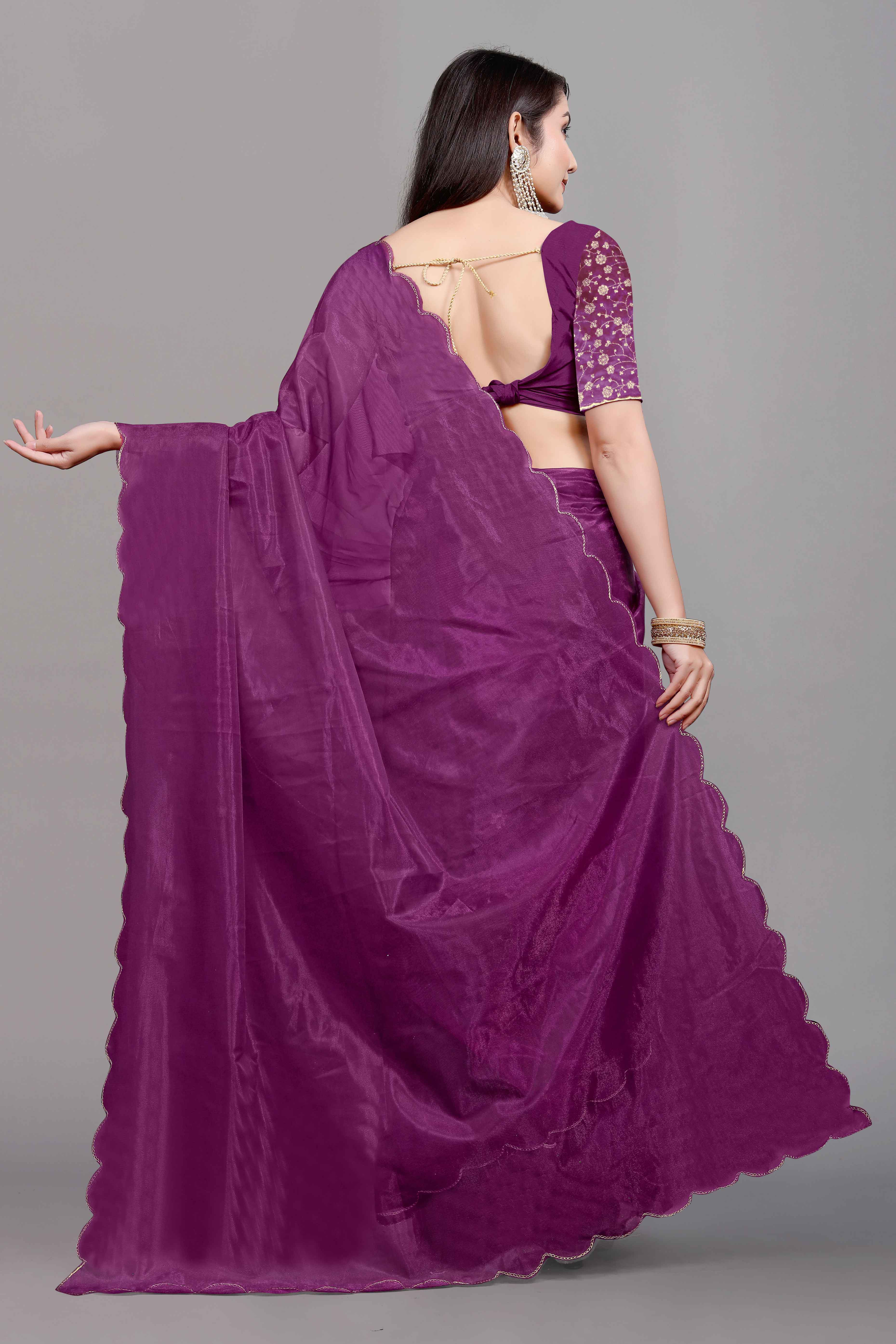 Wine Solid Net Saree With Zari Border