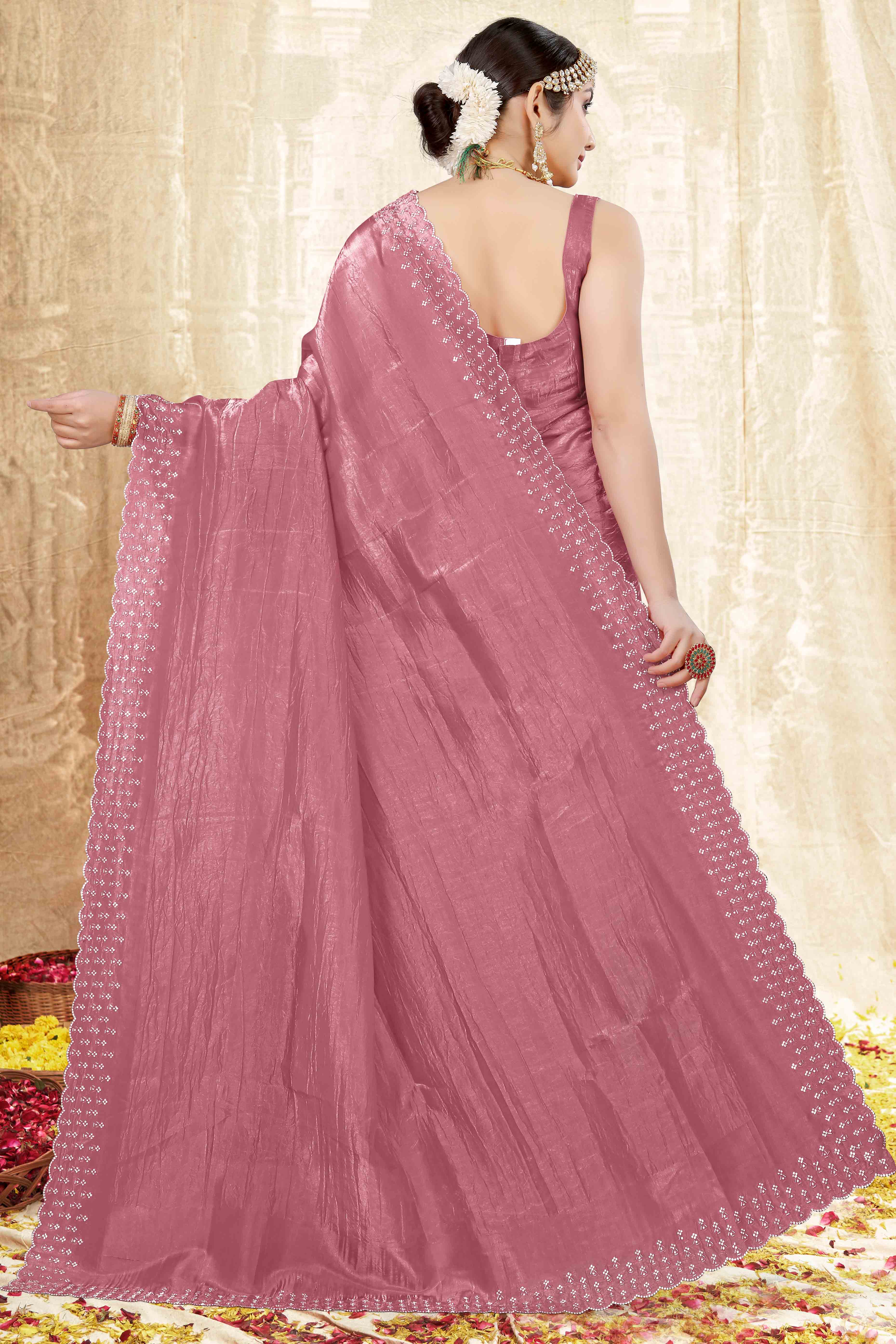 Dusty Pink Zarkan Diamond Work Tissue Gold Crush Saree
