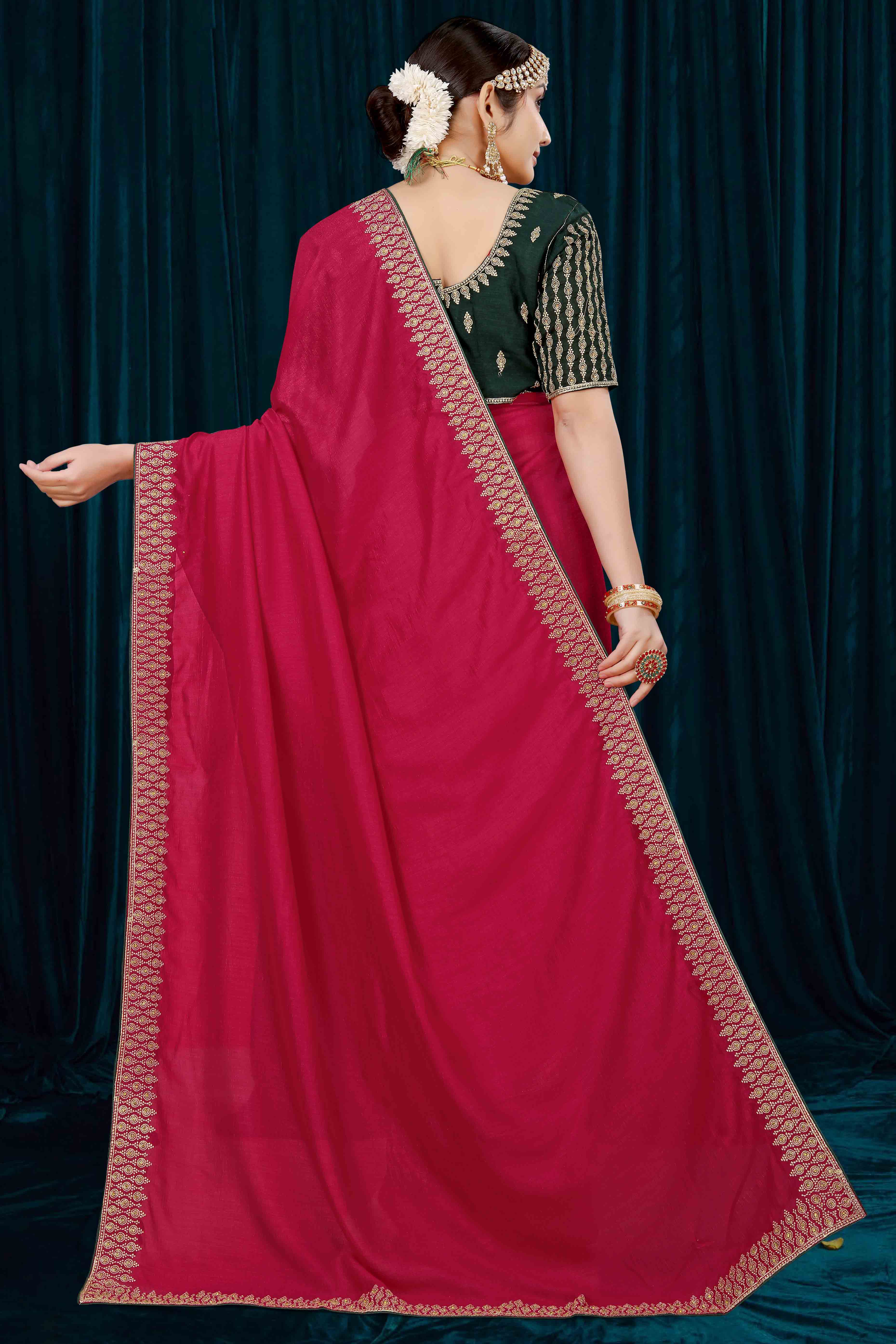 Pink Solid With Zari Embroidered Vichitra Silk Saree