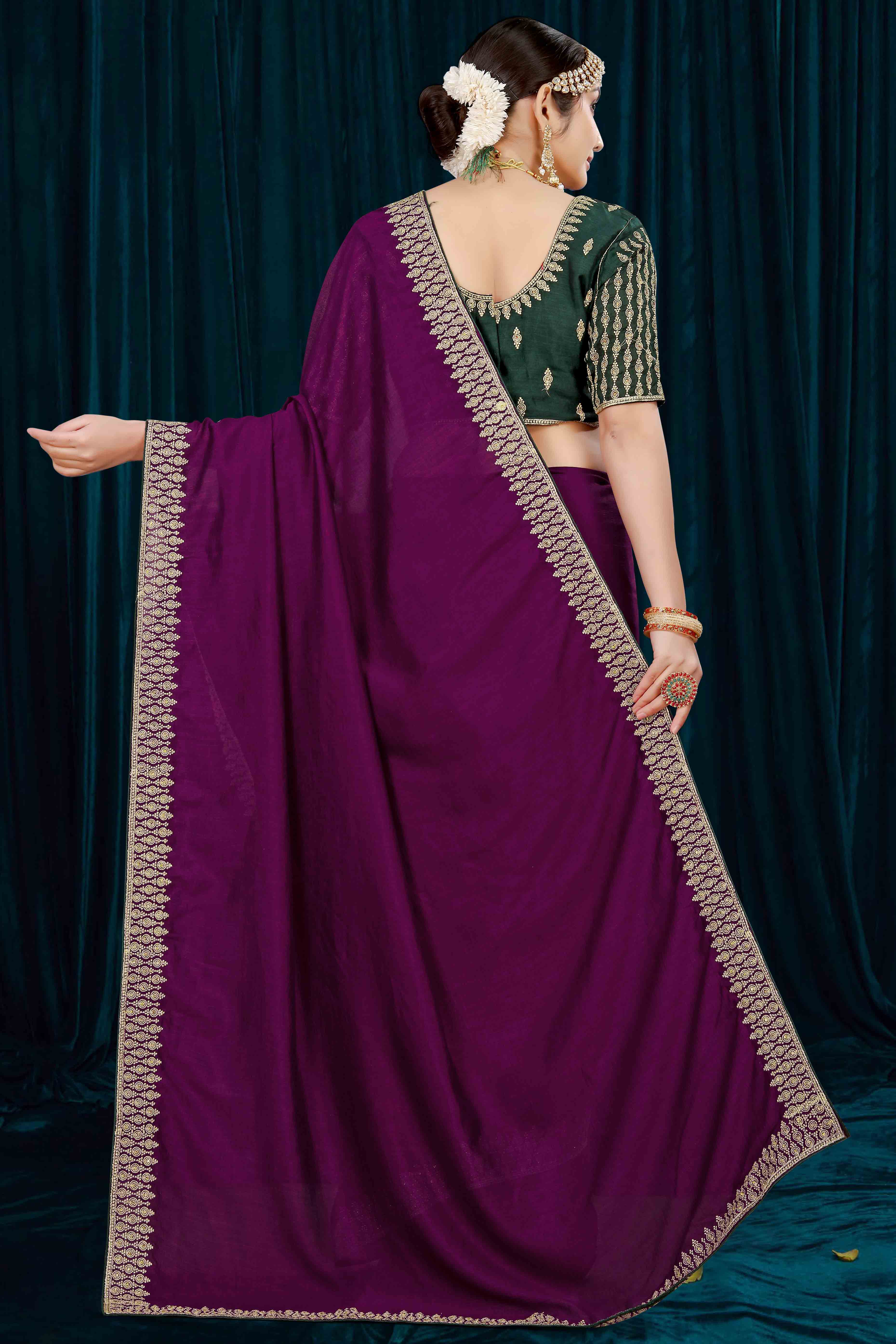 Wine Solid With Zari Embroidered Vichitra Silk Saree