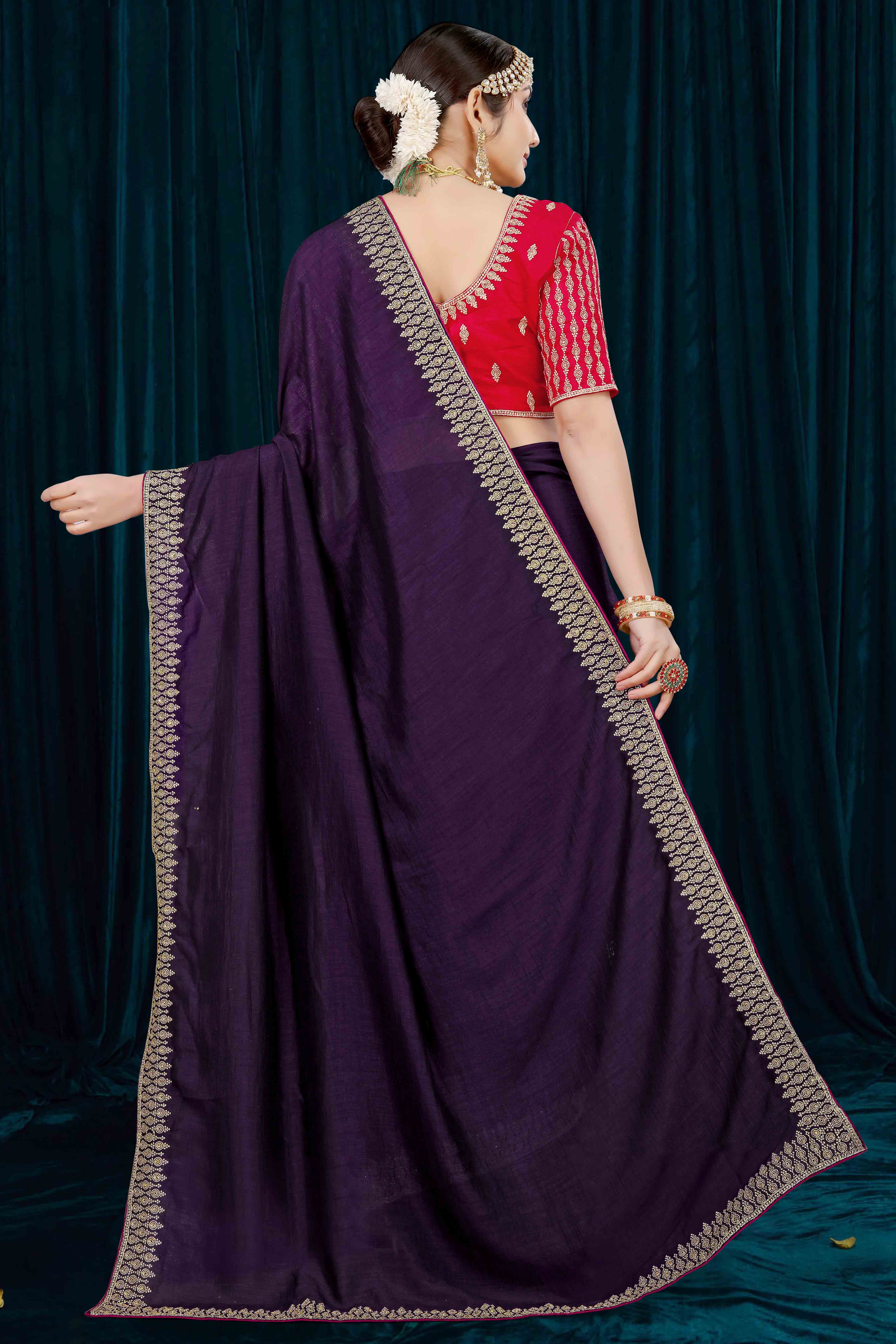 Purple Solid With Zari Embroidered Vichitra Silk Saree