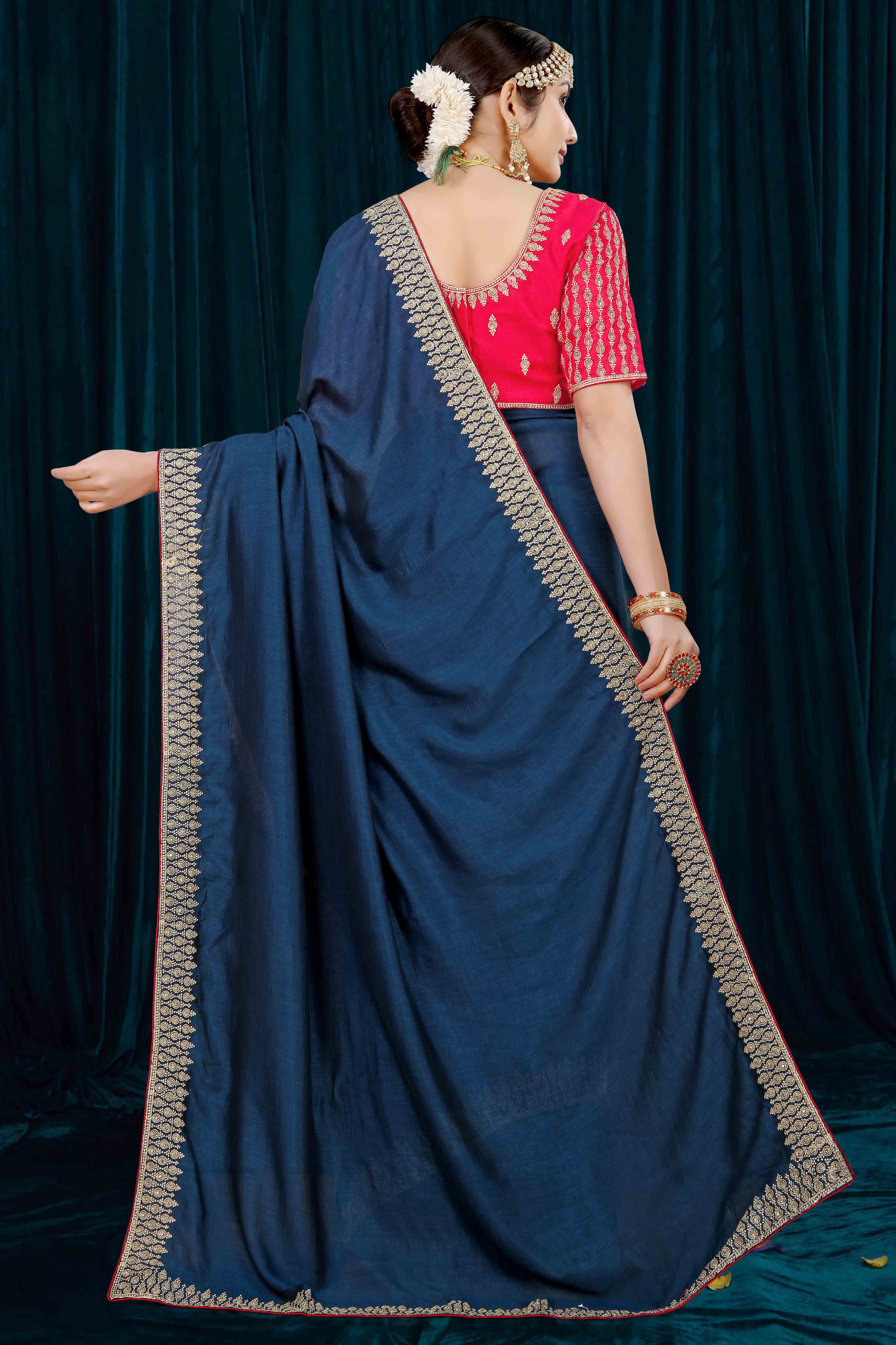 Blue Solid With Zari Embroidered Vichitra Silk Saree