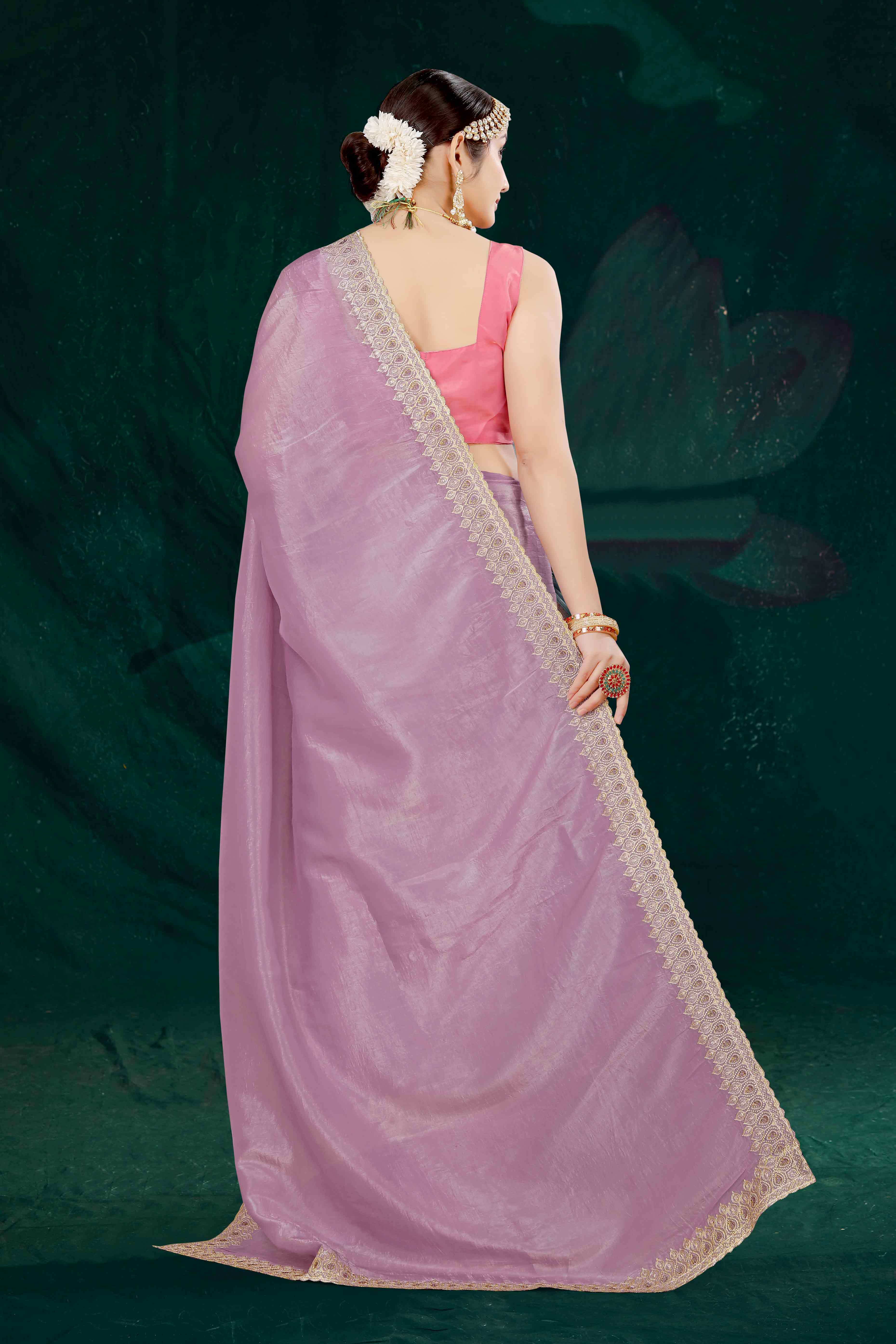 Onion Pink Solid With Swarovski Work Tissue Gold Crush Saree