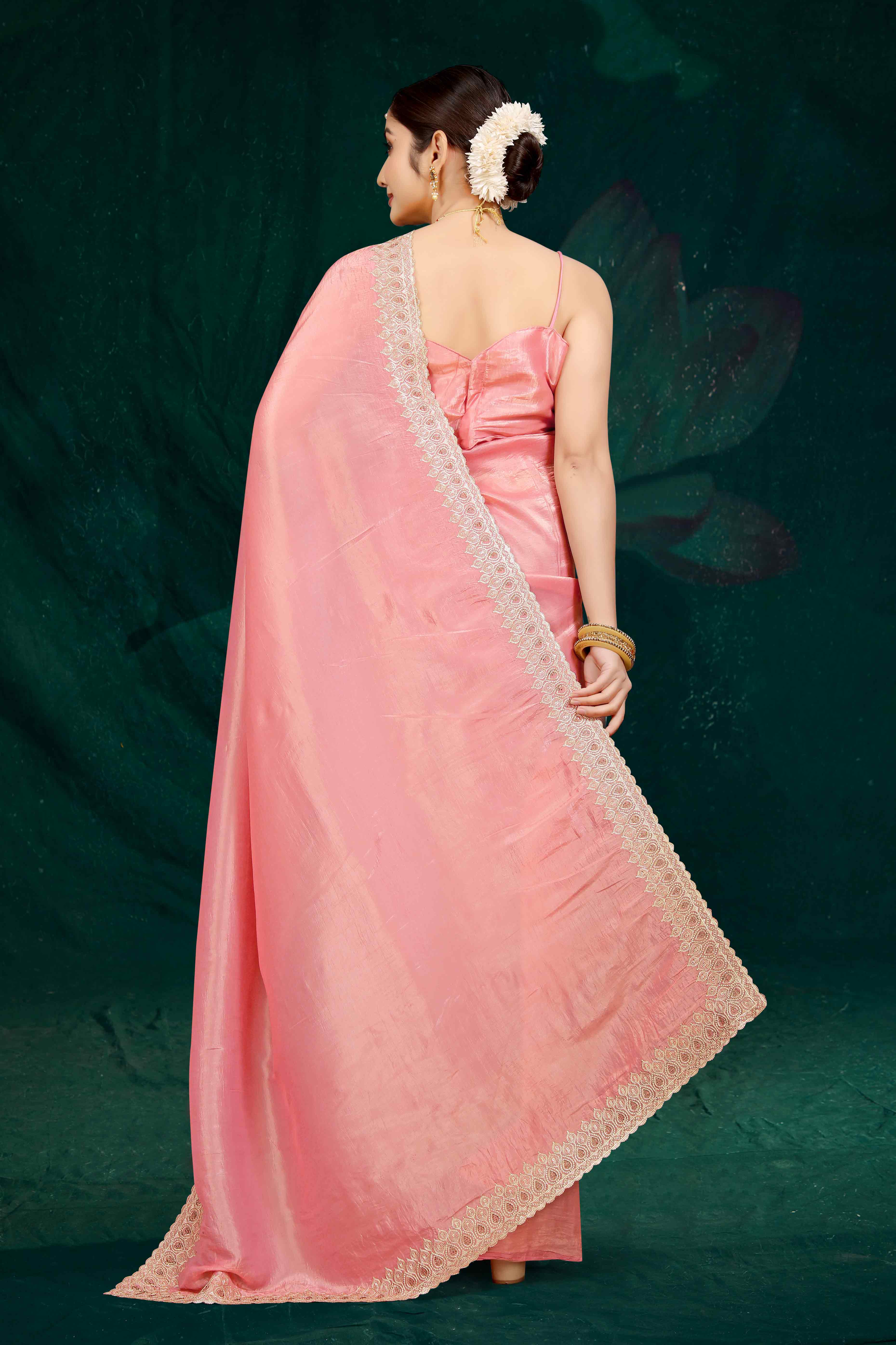 Peach Solid With Swarovski Work Tissue Gold Crush Saree