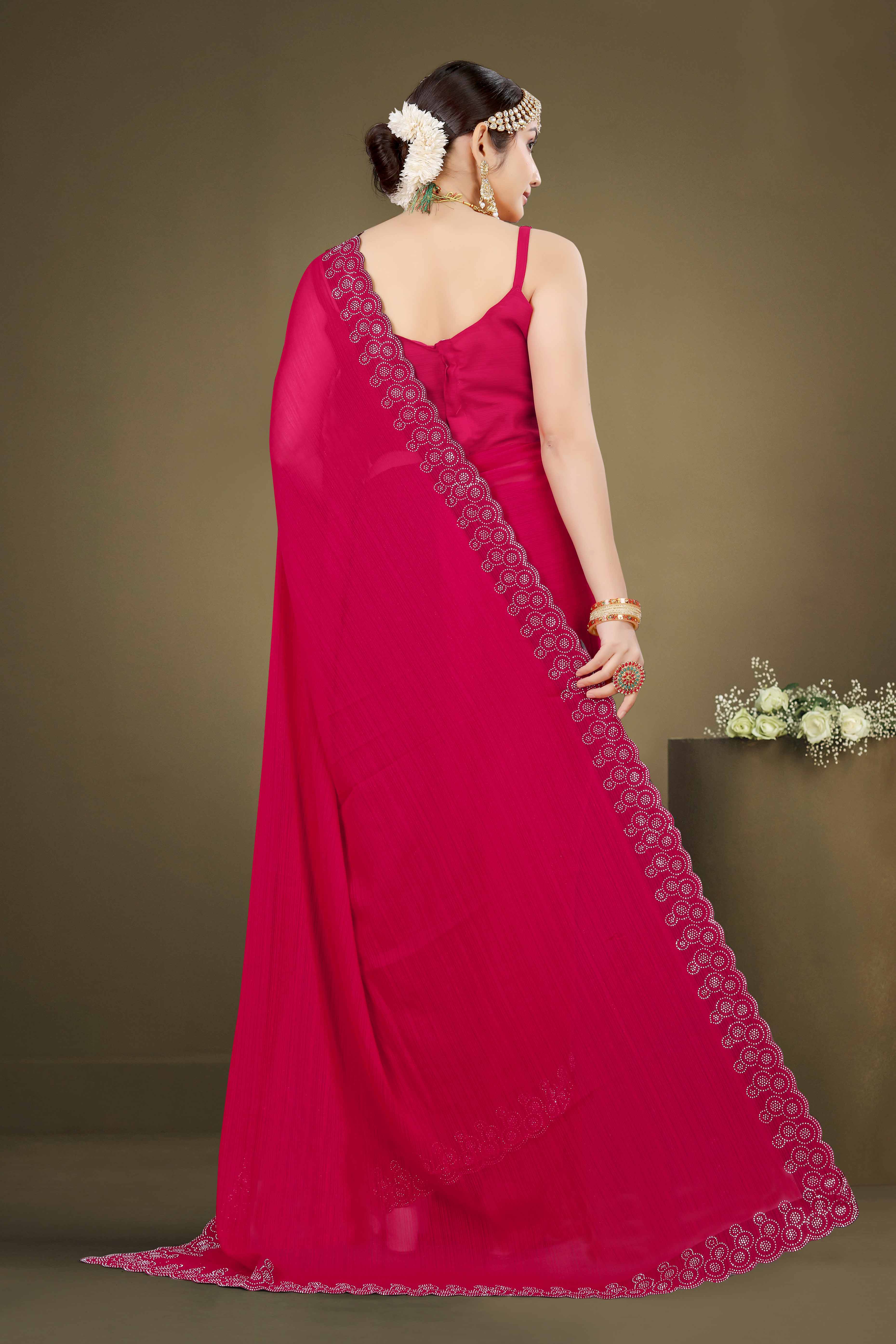 Rani Pink Solid With Swarovski Work Chiffon Saree