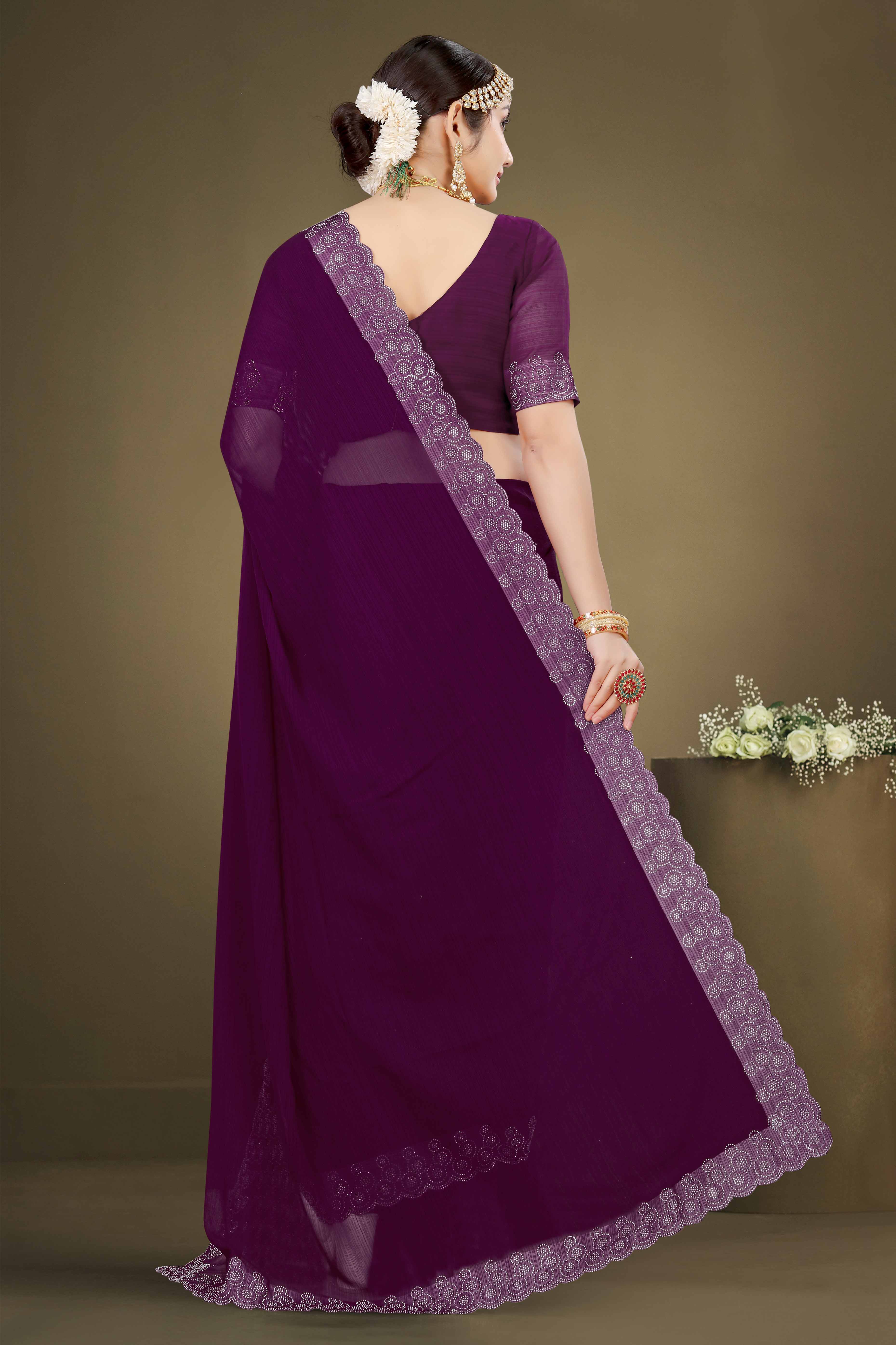 Wine Solid With Swarovski Work Chiffon Saree