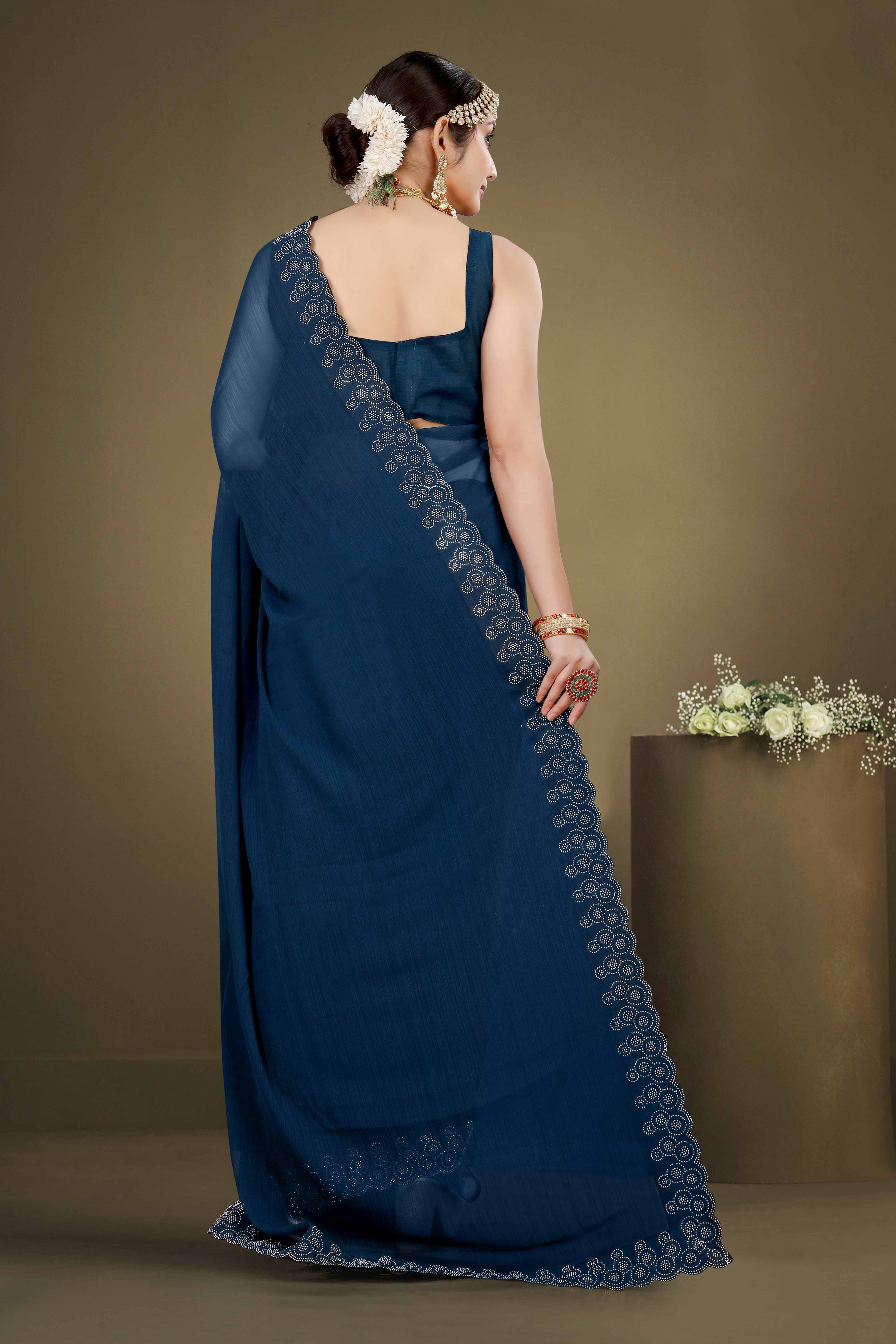 Blue Solid With Swarovski Work Chiffon Saree