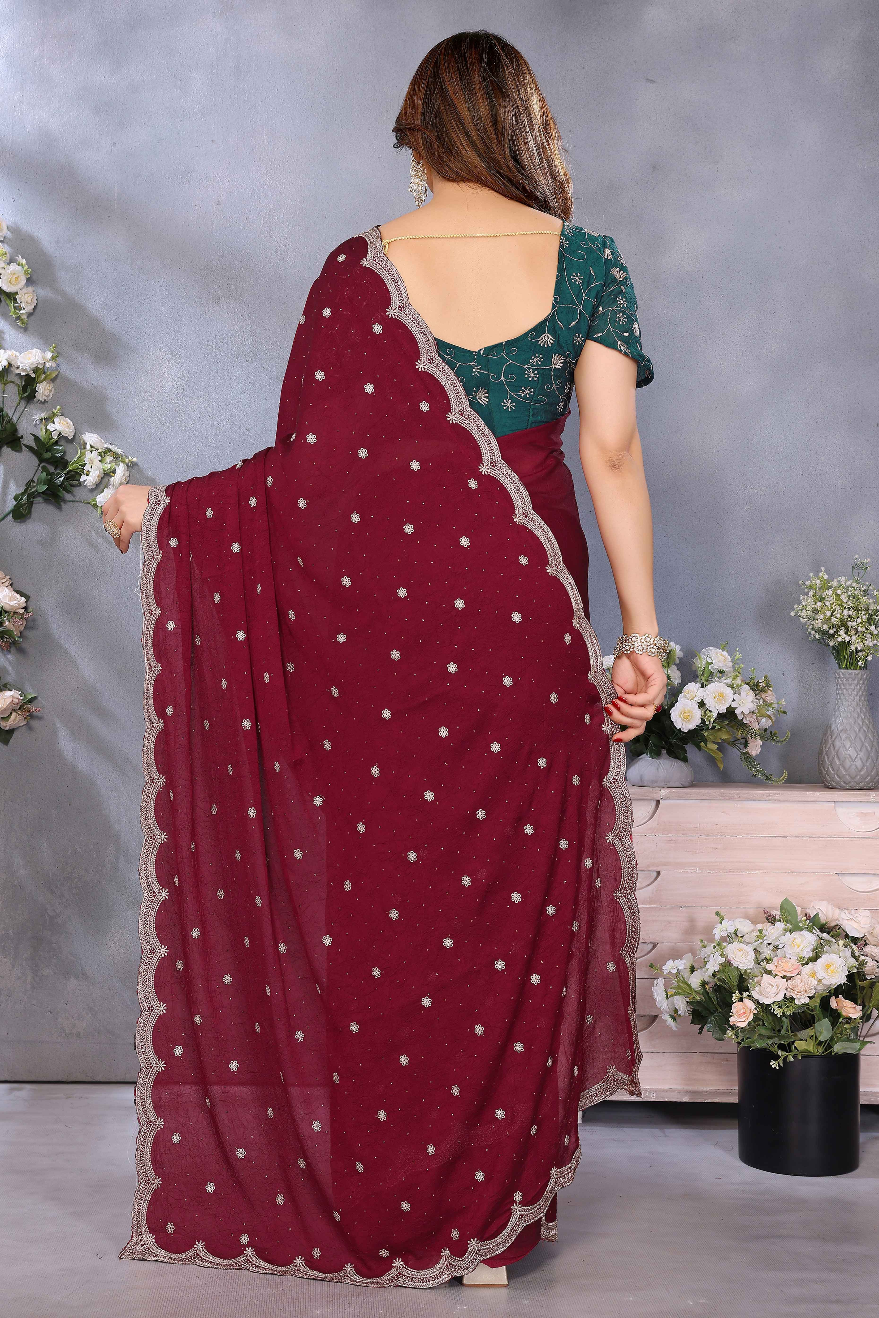 Elegant Wine Silk Blend Saree with Opulent Zari Embroidery and Sparkling Stone Work