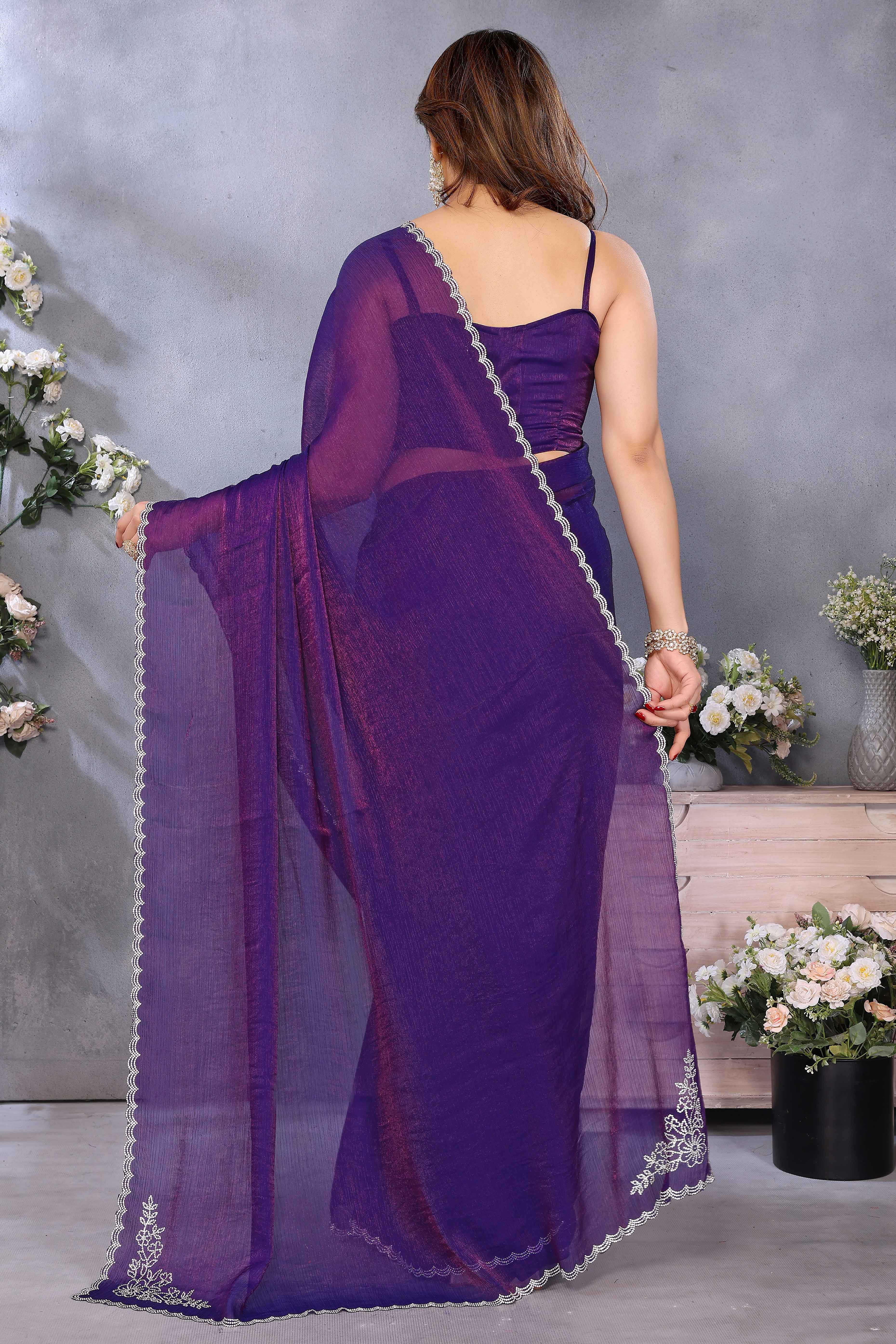 Violet Partywear Chiffon Saree Featuring Intricate Swarovski Stone Embellishment