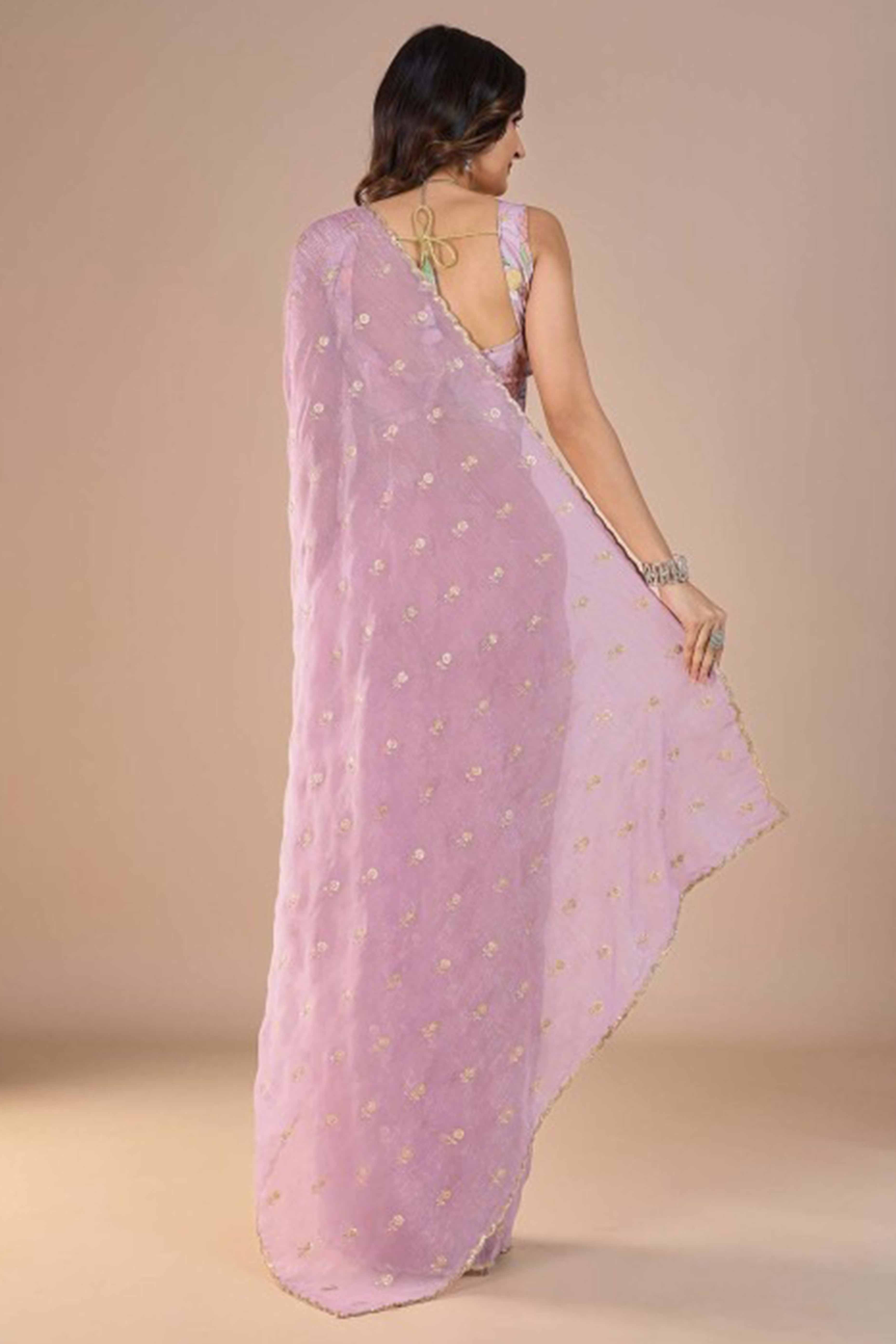 Pink Crunchy Saree Adorned With Floral Sequins Embroidery & Graceful Border Finish