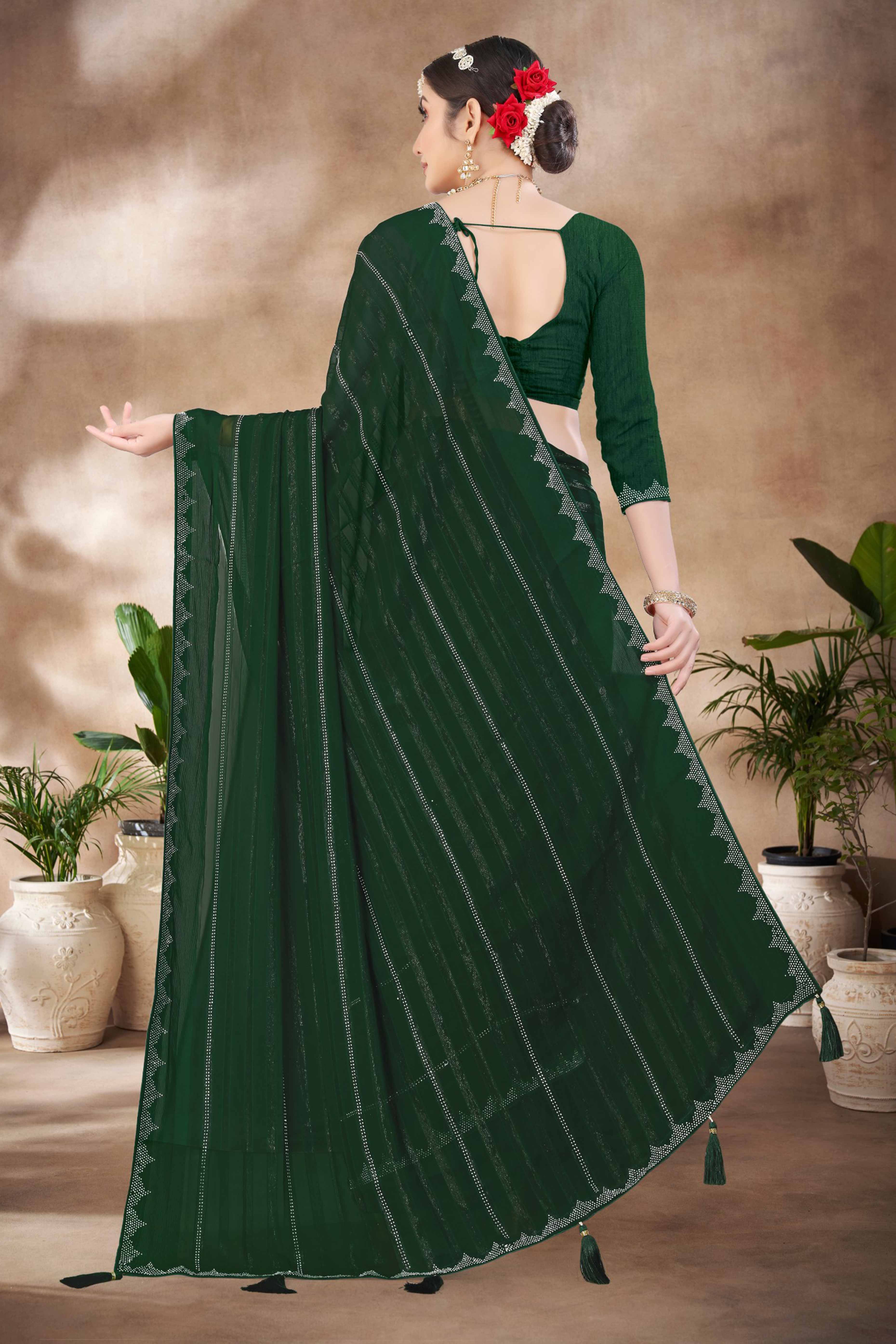 Green Chiffon Party Saree Featuring Delicate Stone Embellishments