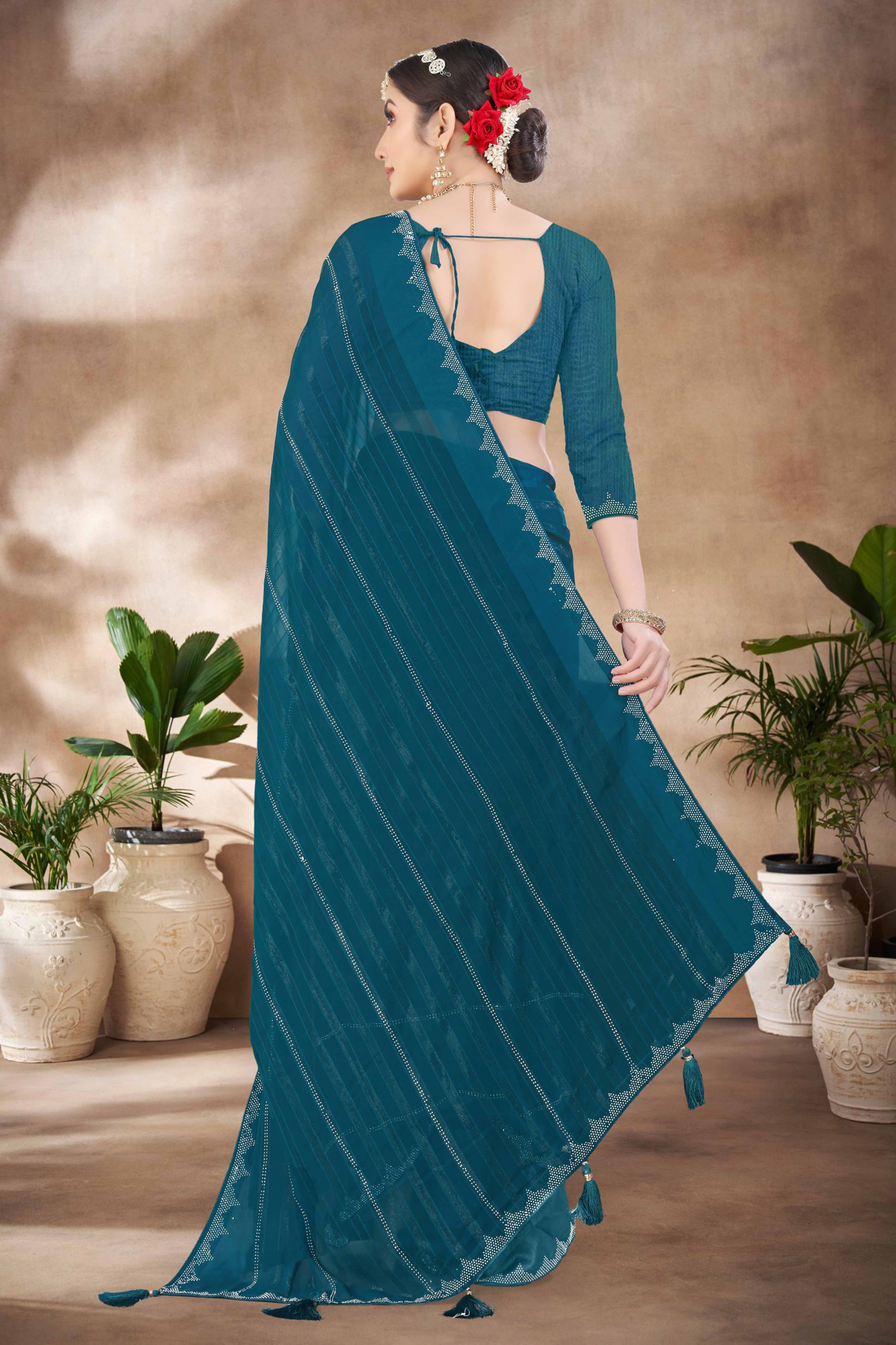 Teal Chiffon Party Saree Featuring Delicate Stone Embellishments
