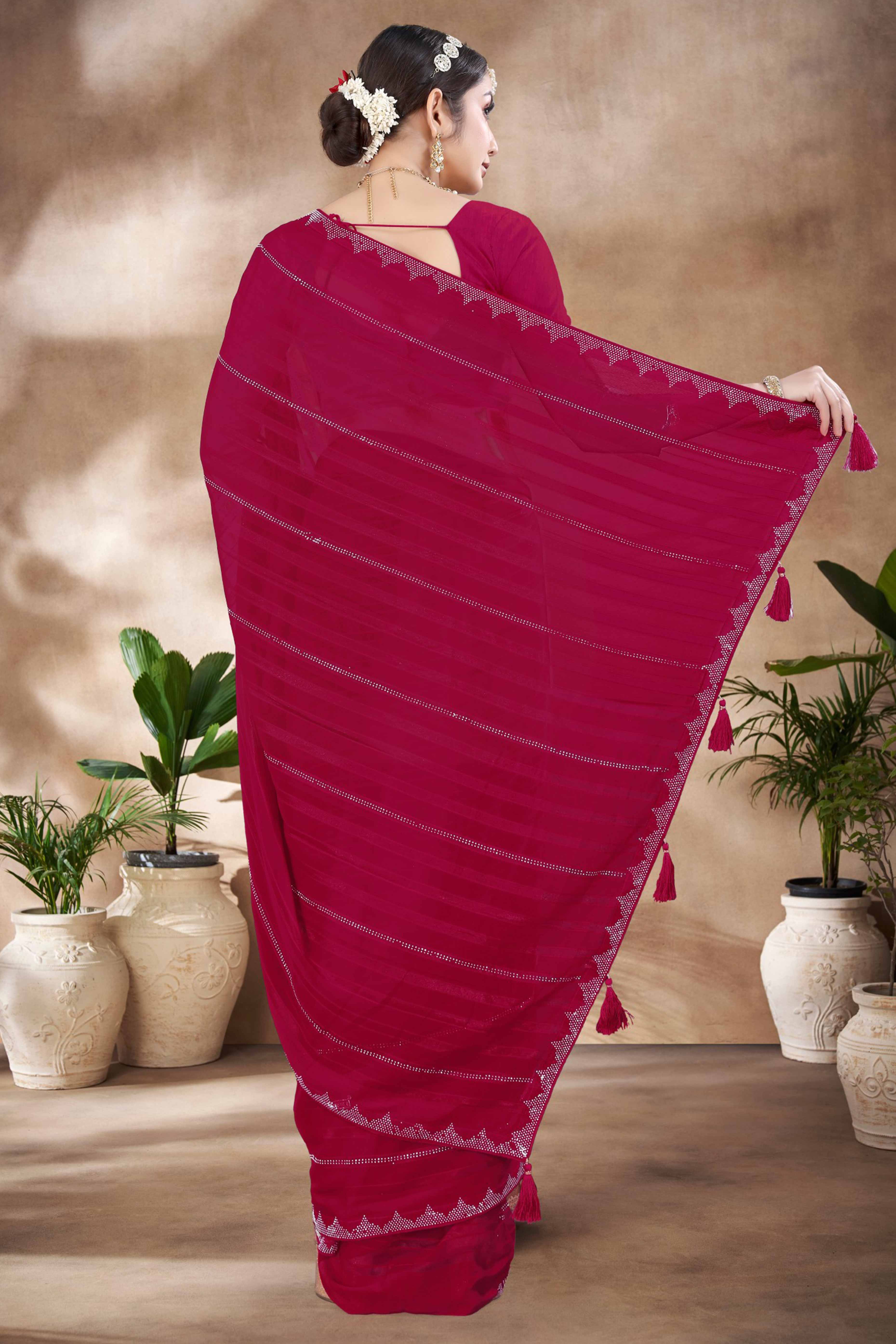 Pink Chiffon Party Saree Featuring Delicate Stone Embellishments