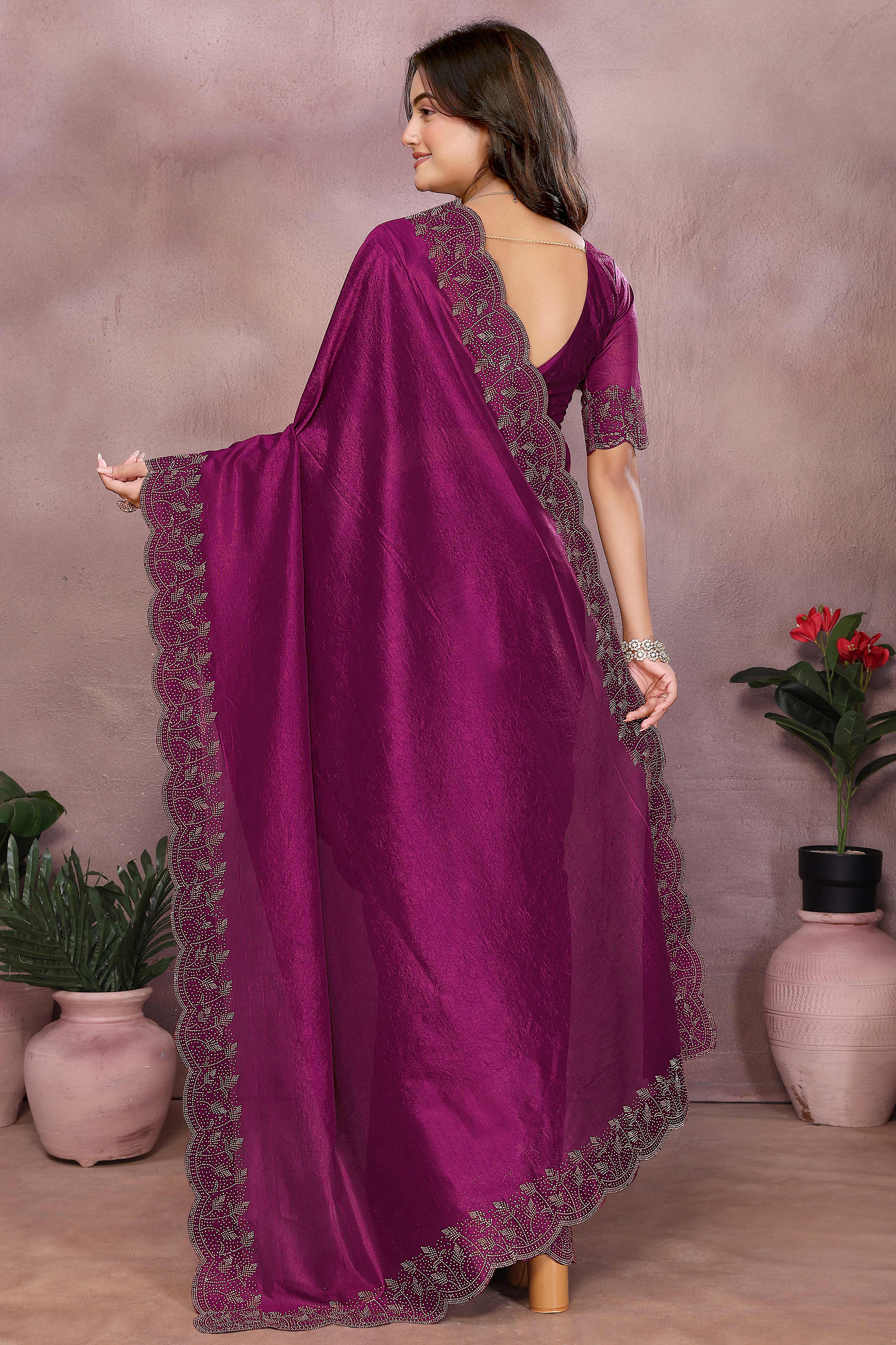 Party Ready Magenta Imported Lycra Saree with Glittering Stone Embroidery