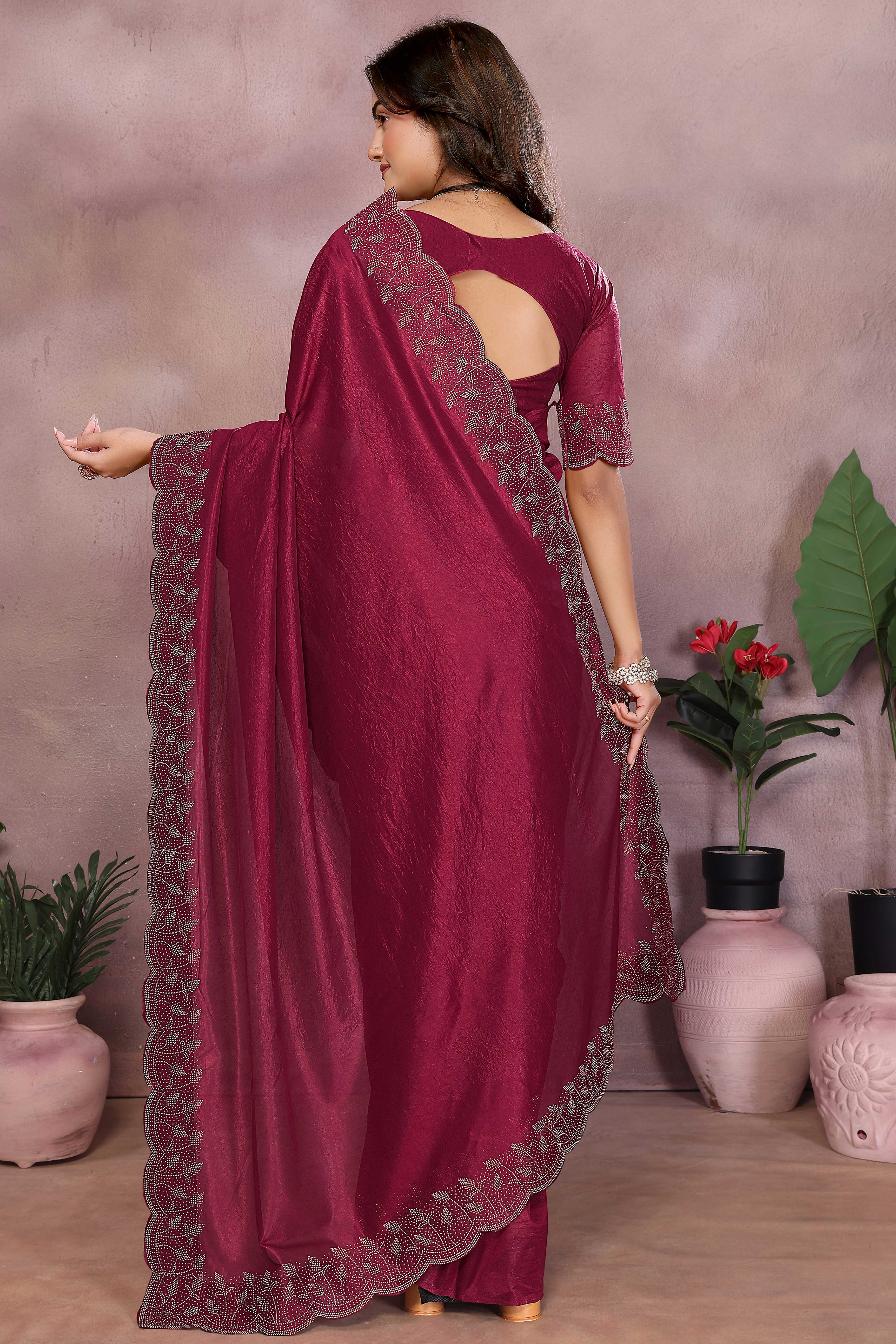 Party Ready Wine Imported Lycra Saree with Glittering Stone Embroidery
