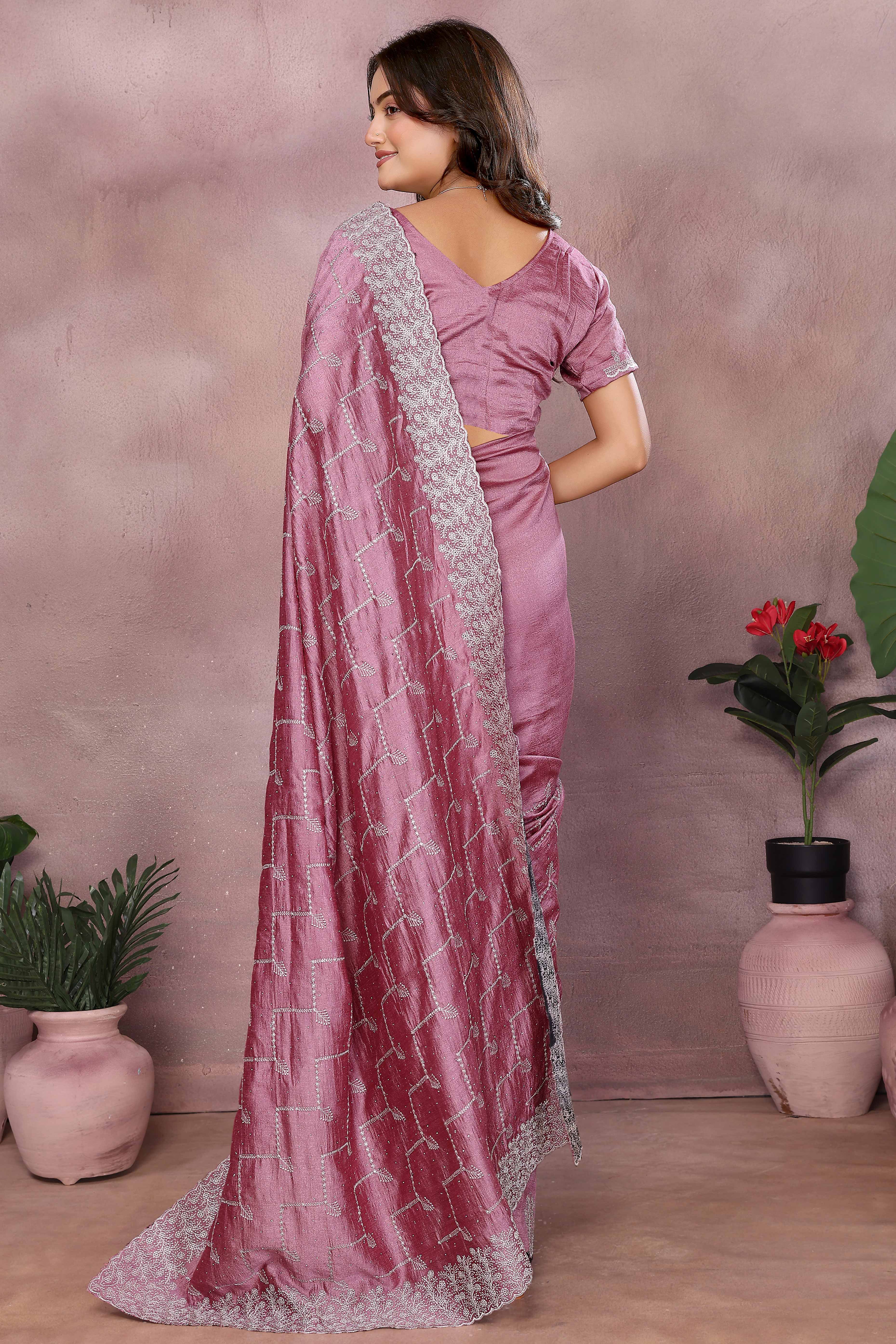 Modern Mauve Embroidered Vichitra Silk Saree for Weddings and Festive Occasions