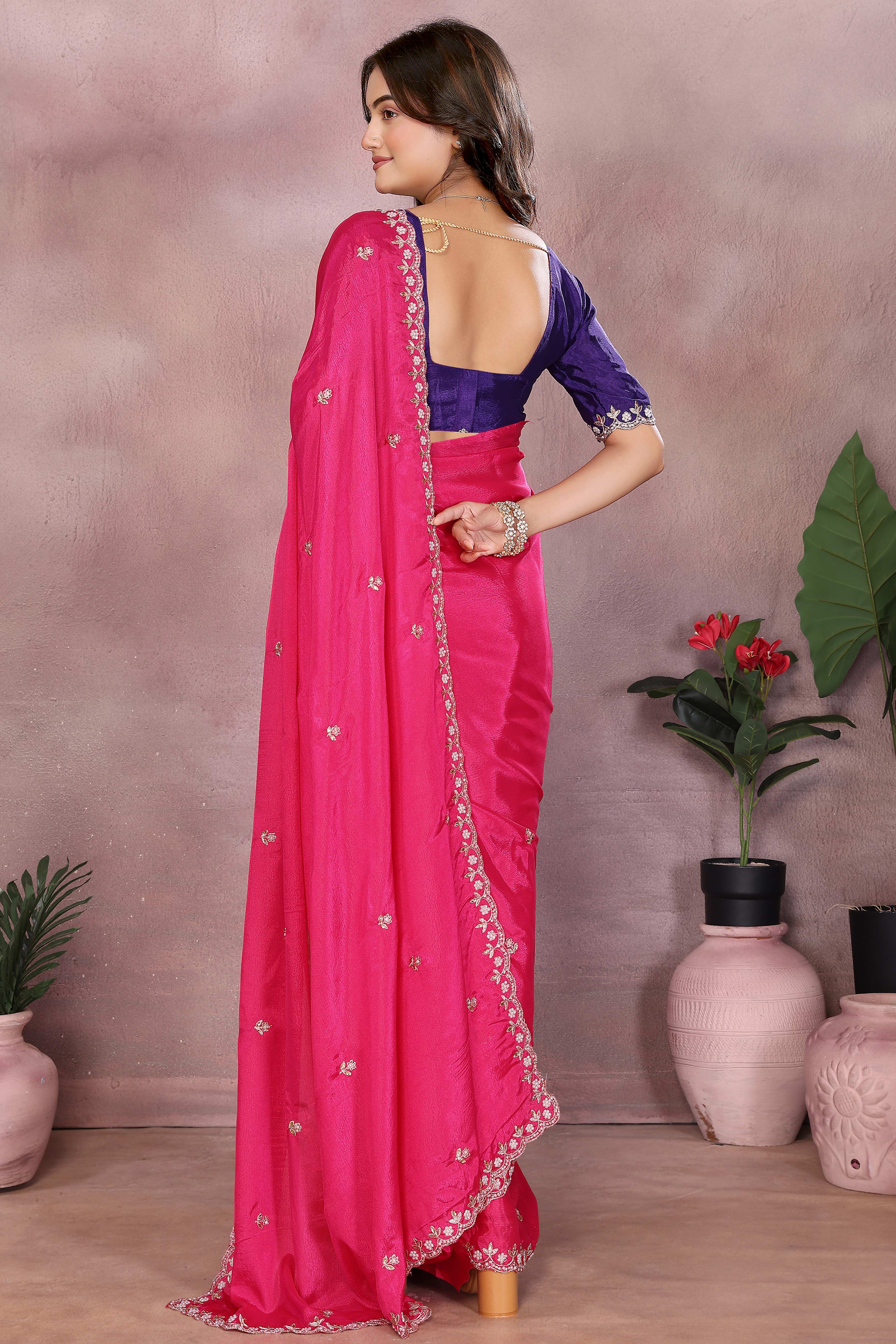 Pink Embroidered Vichitra Silk Saree with Exquisite Beads Detailing
