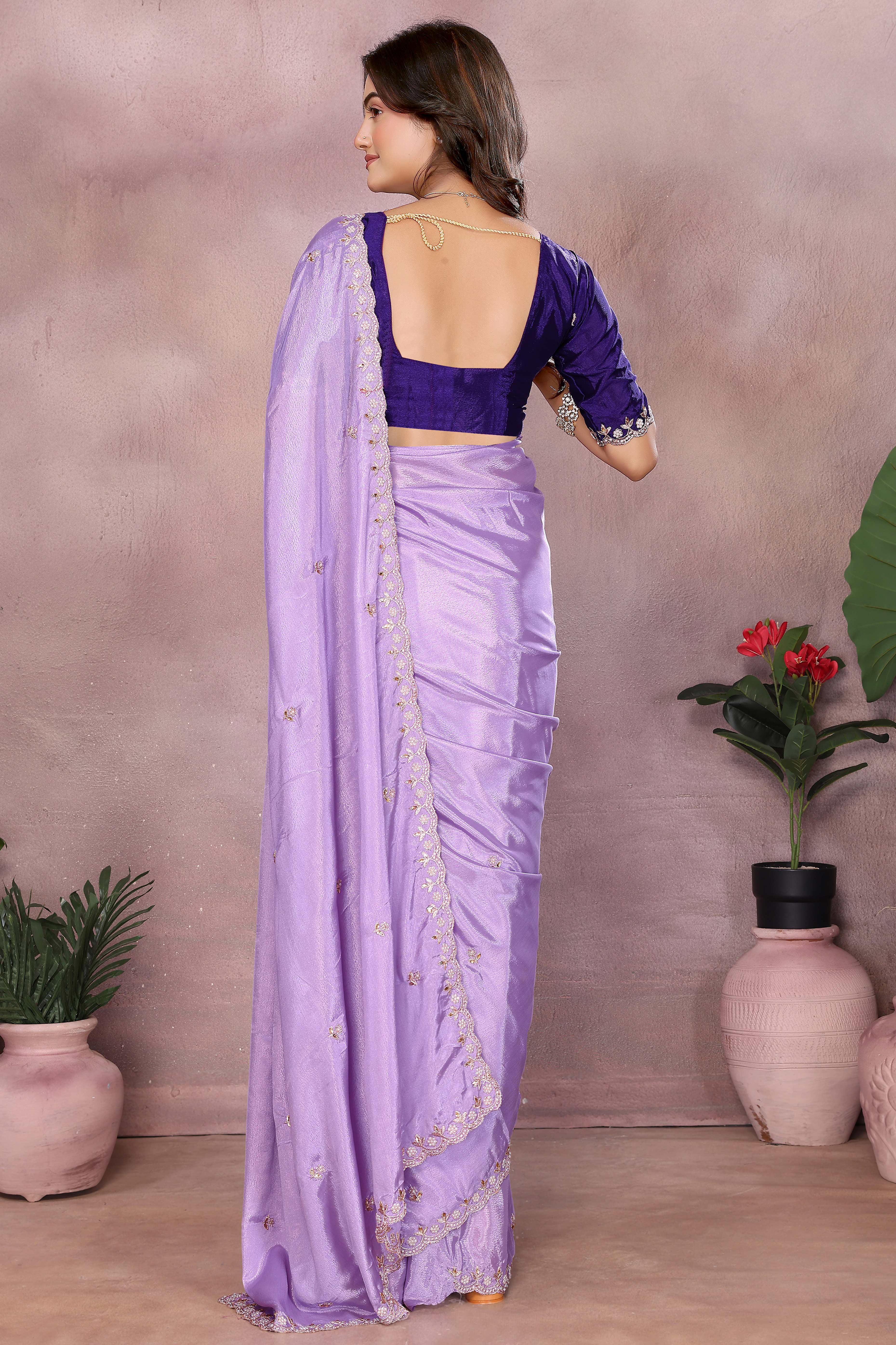 Lavender Embroidered Vichitra Silk Saree with Exquisite Beads Detailing