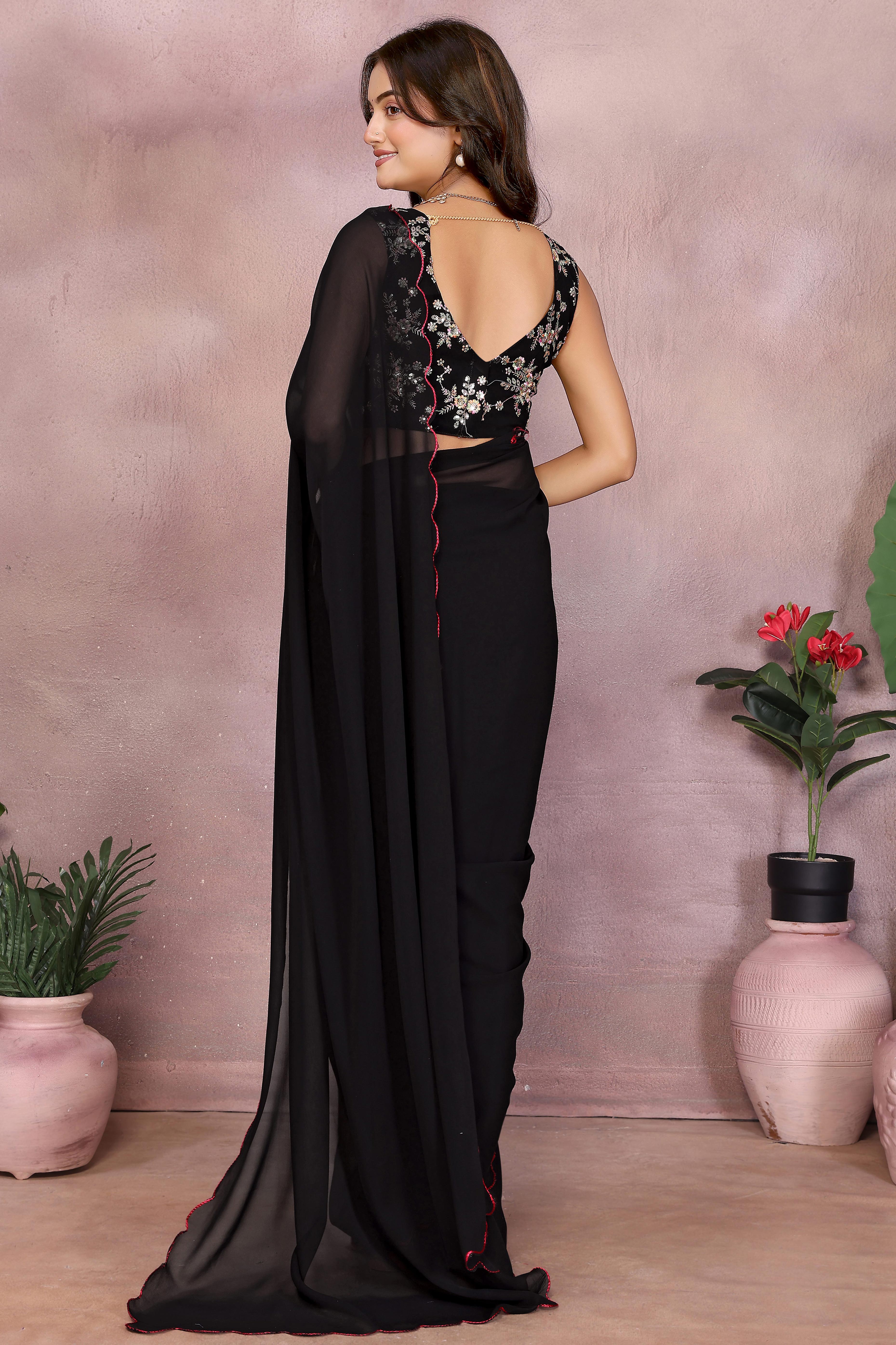 Sophisticated Black Party Wear Saree in Georgette Fabric With Embellished Blouse