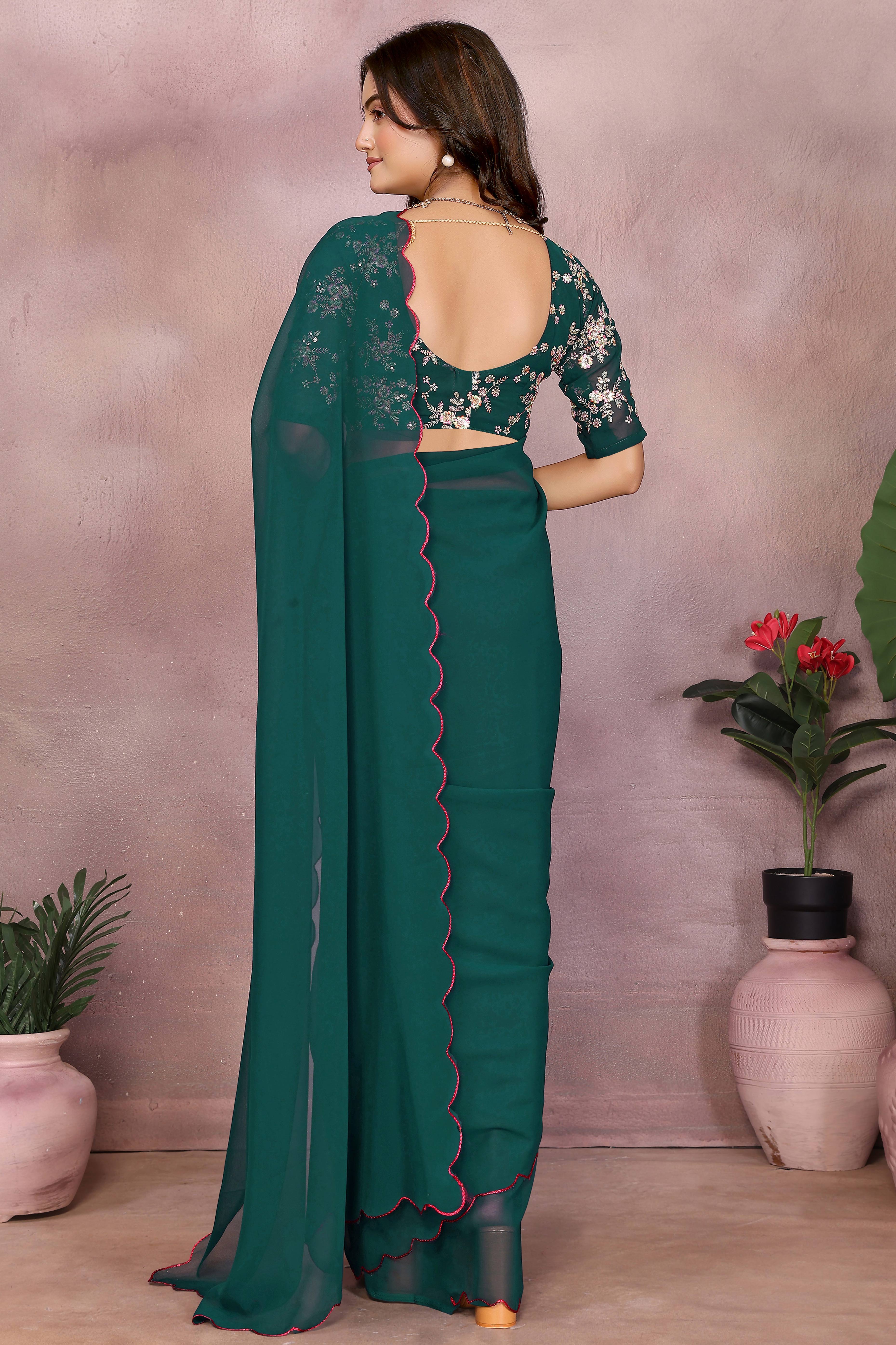 Sophisticated Morpich Green Party Wear Saree in Flowing Georgette Fabric With Embellished Blouse