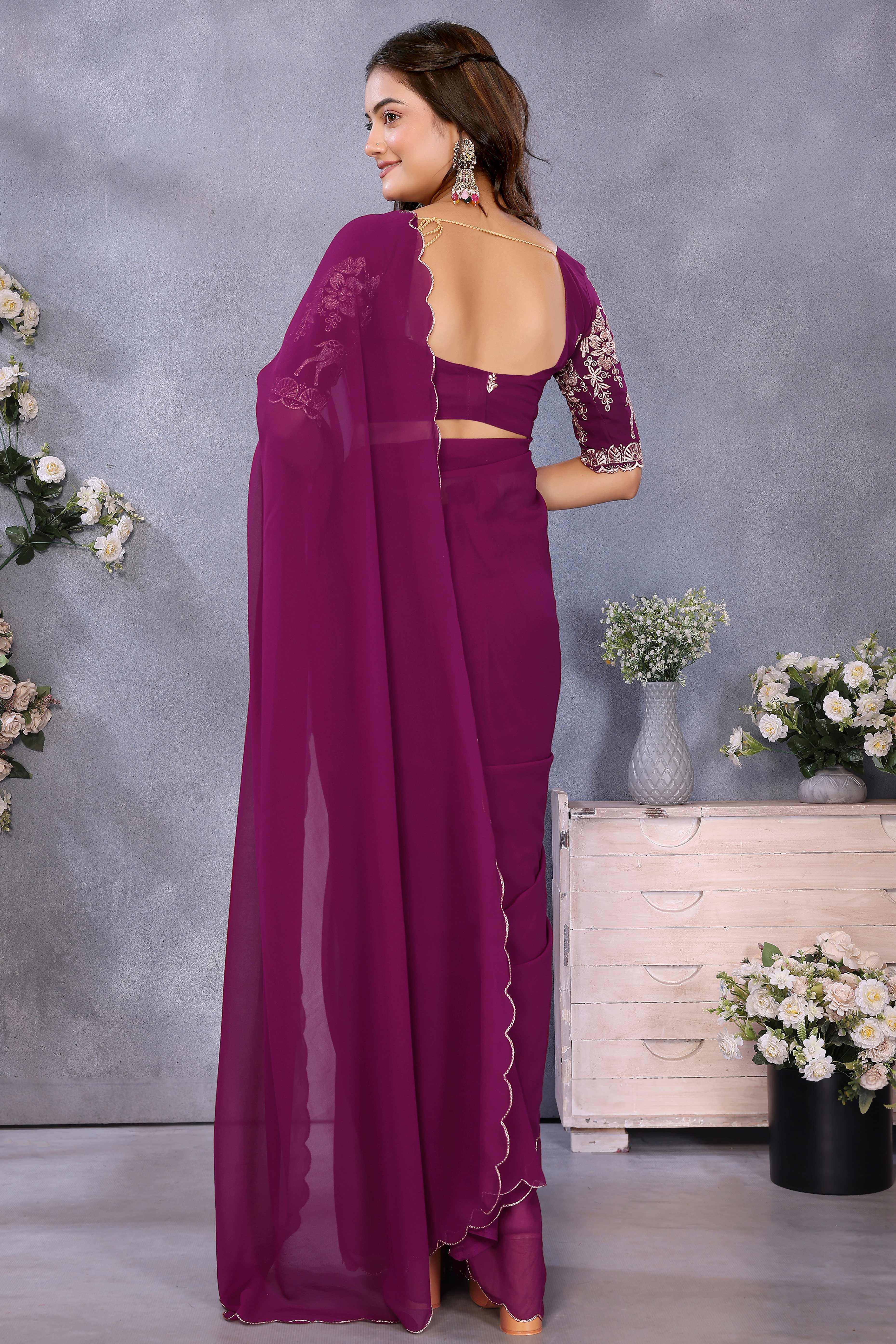 Sophisticated Purple Party Wear Saree in Flowing Georgette Fabric With Embellished Blouse