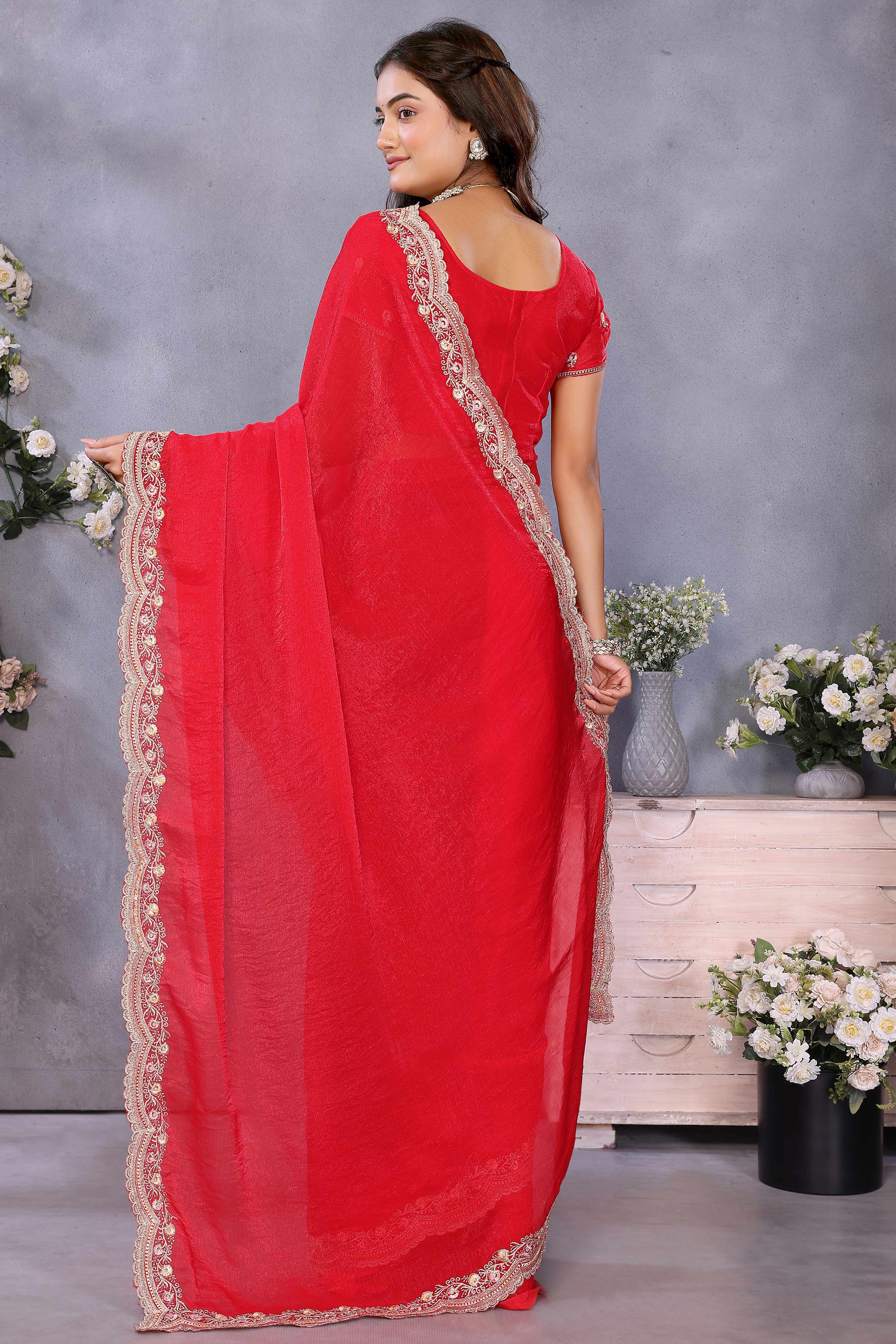 Red Chiffon Saree with Delicate Embroidered Motifs for Special Occasions