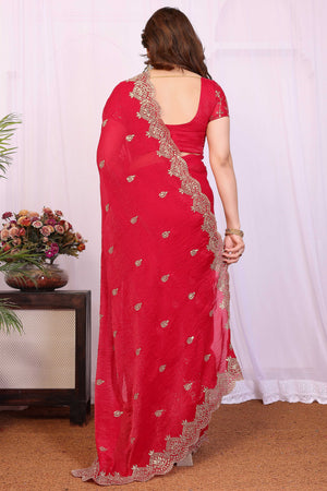Red Sequins Work Embroidered Chiffon Saree Elegant Partywear