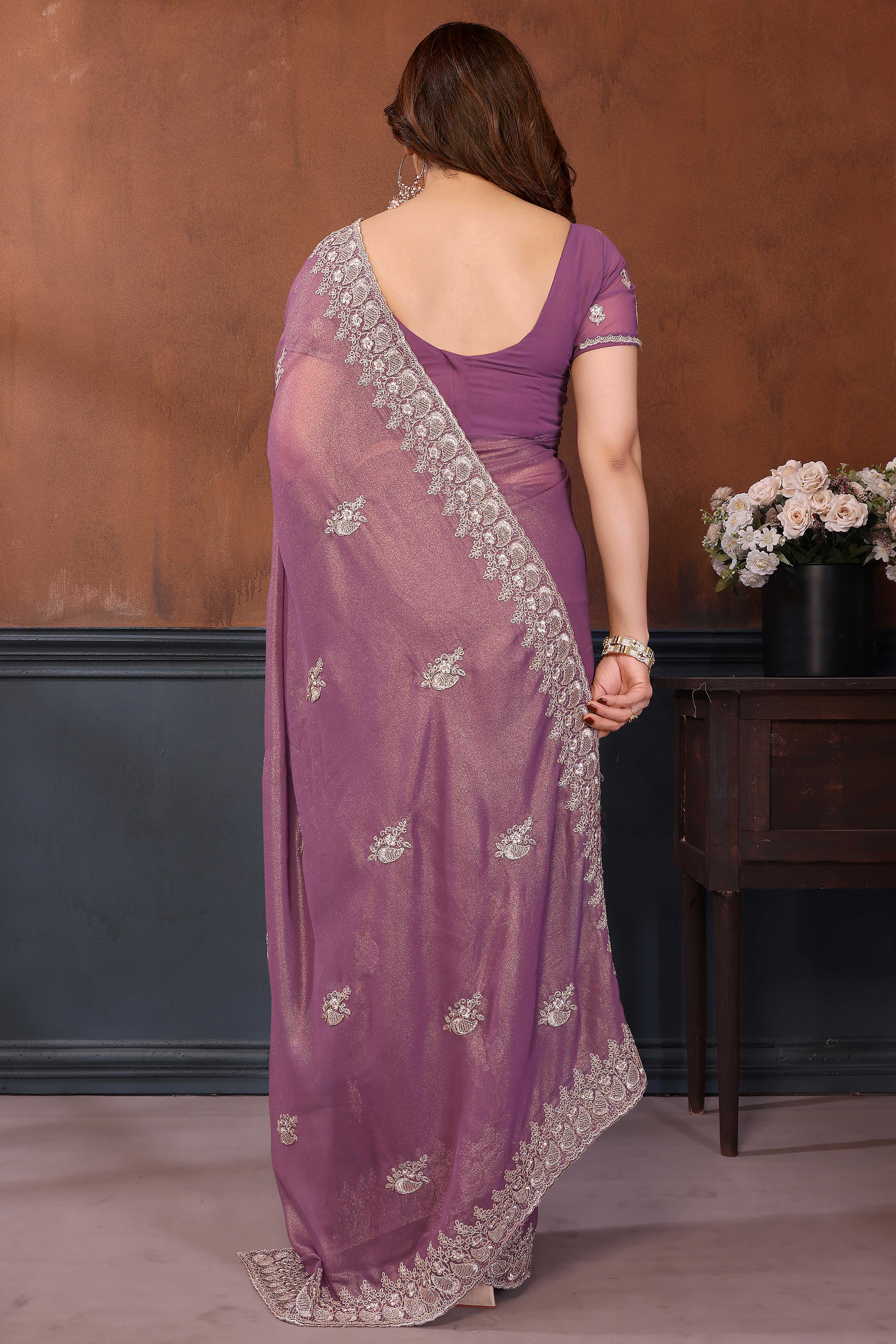 Mauve Thread Work Embroidered Georgette Partywear Saree with Intricate Detailing