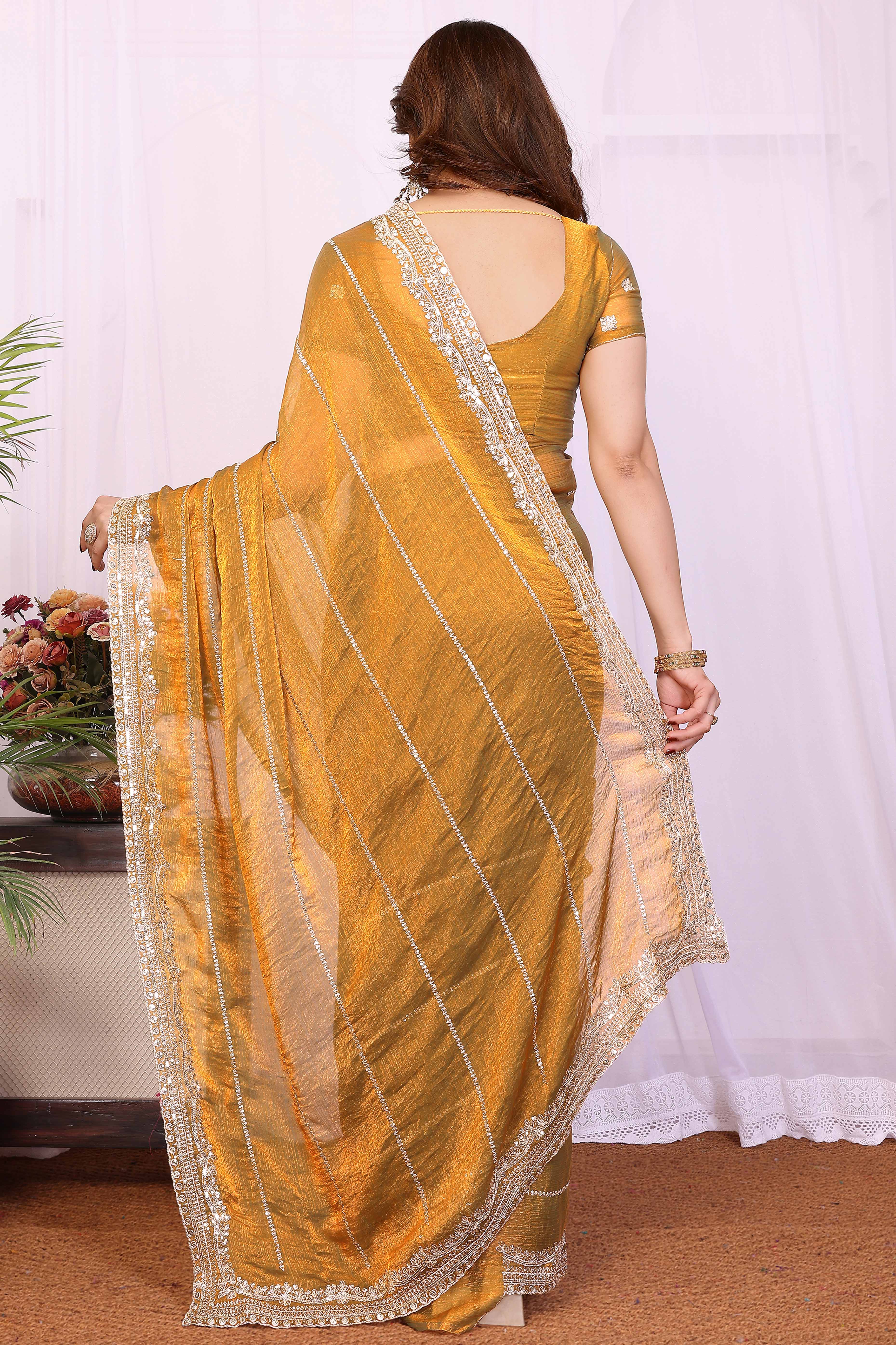 Mustard Sequins Work Embroidered Chiffon Saree Glamorous Partywear with Sparkling Detailing