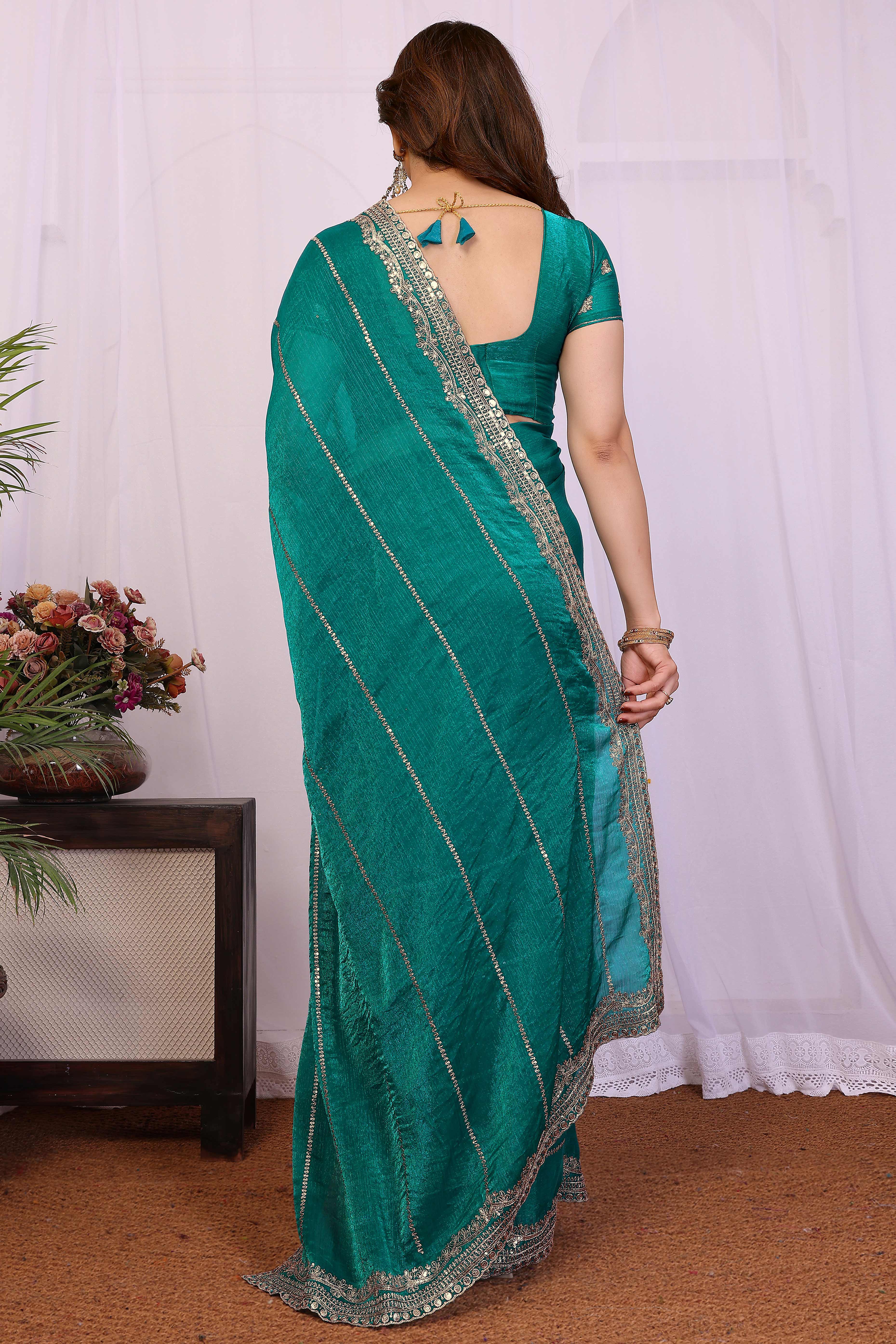 Rama Green Sequins Work Embroidered Chiffon Partywear Saree with Stylish Shimmer Finish