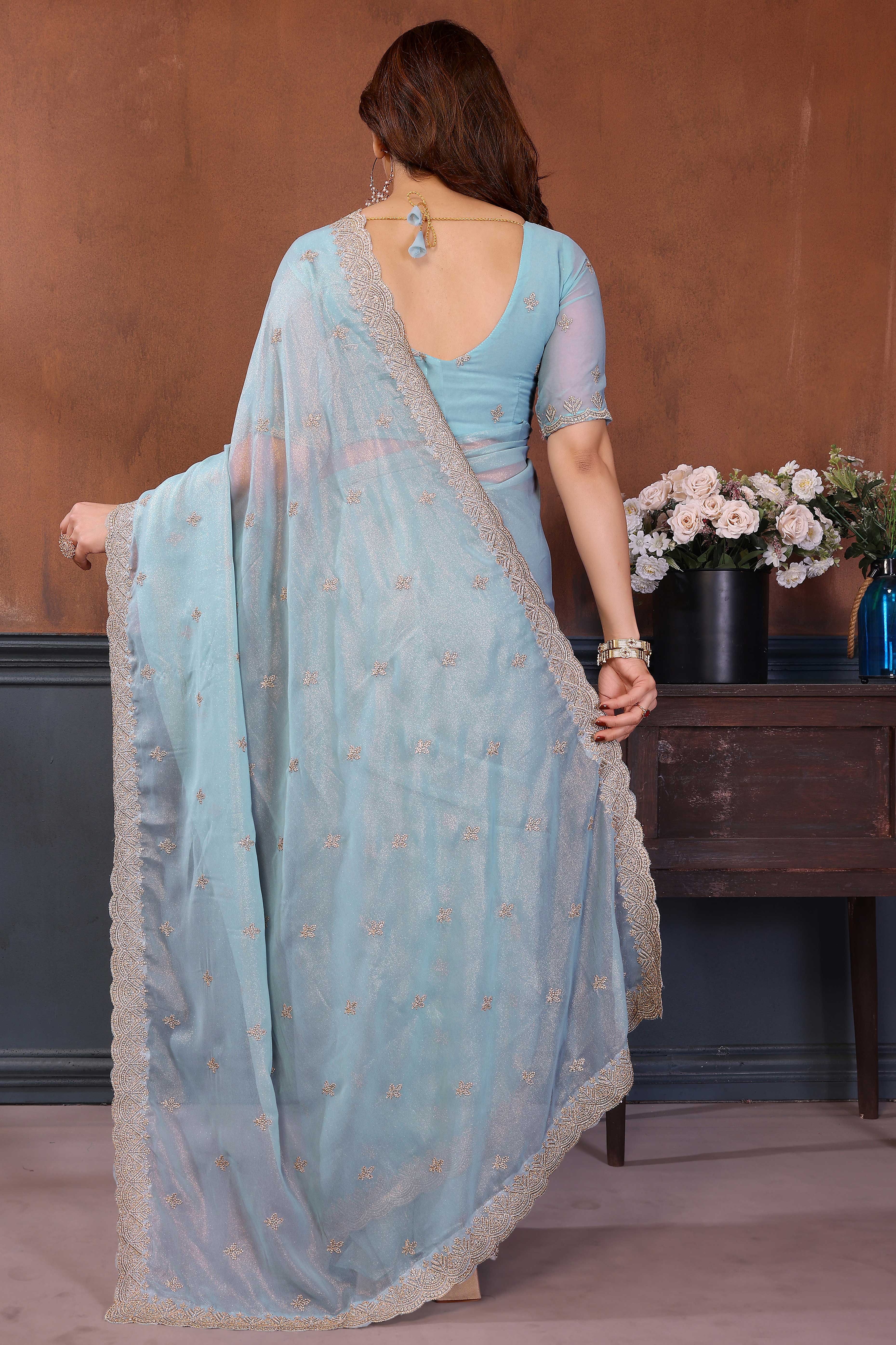 Sky Blue Thread Work Embroidered Georgette Saree Elegant Lightweight Partywear Drape
