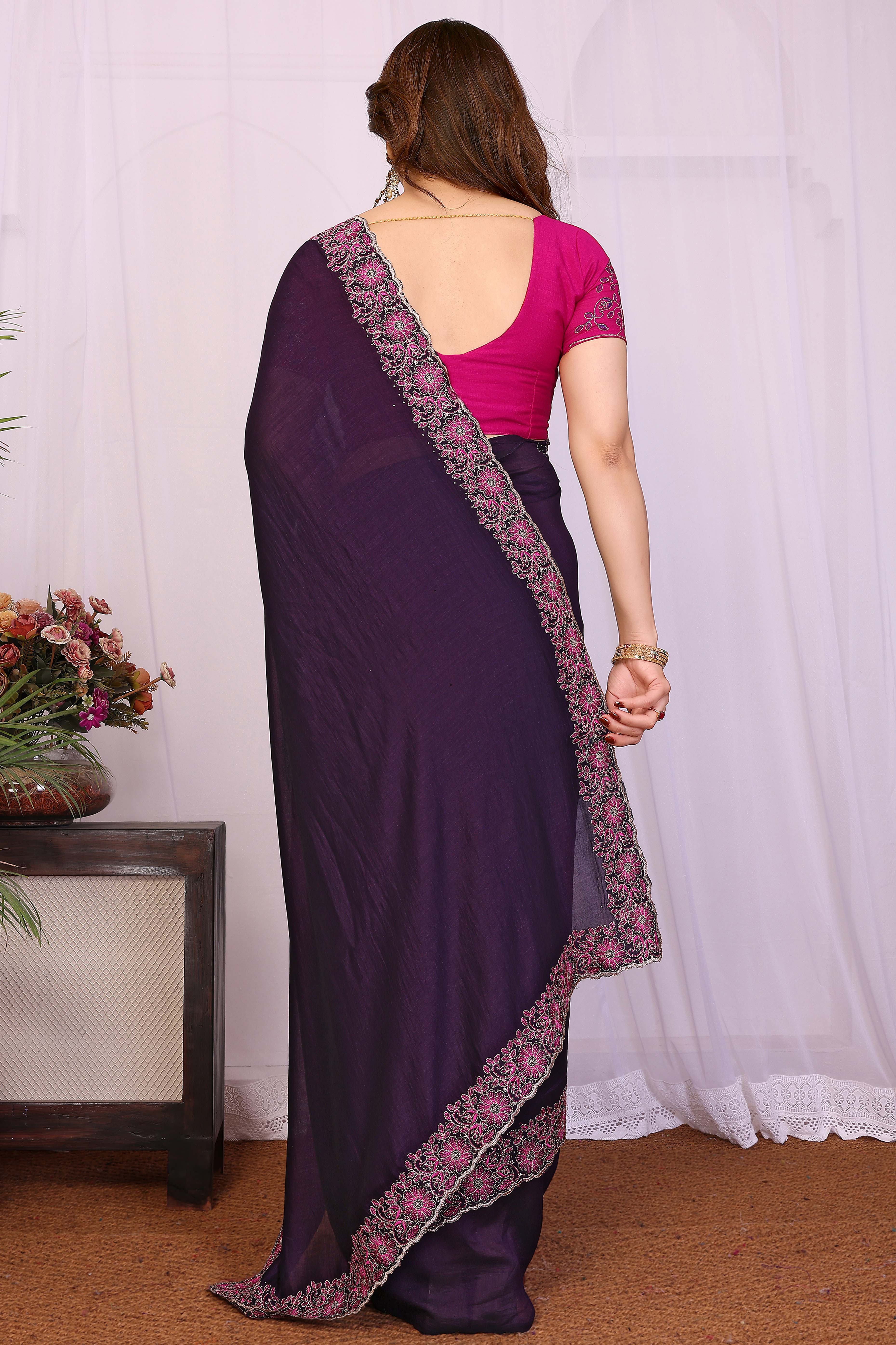 Purple Thread Work Embroidered Vichitra Silk Partywear Saree with Lustrous Finish