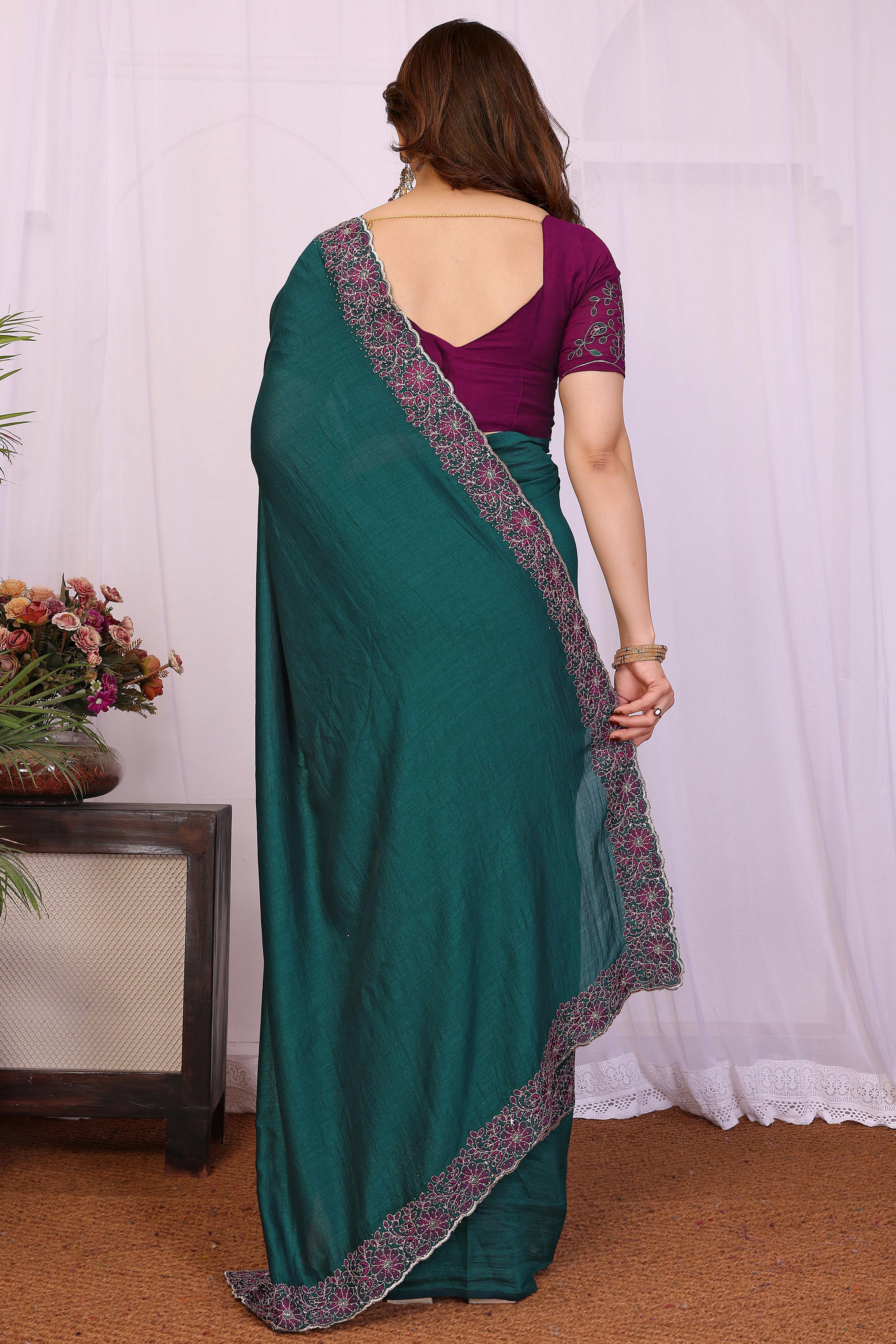 Morpich Green Thread Work Embroidered Vichitra Silk Saree Premium Partywear with Elegant Design