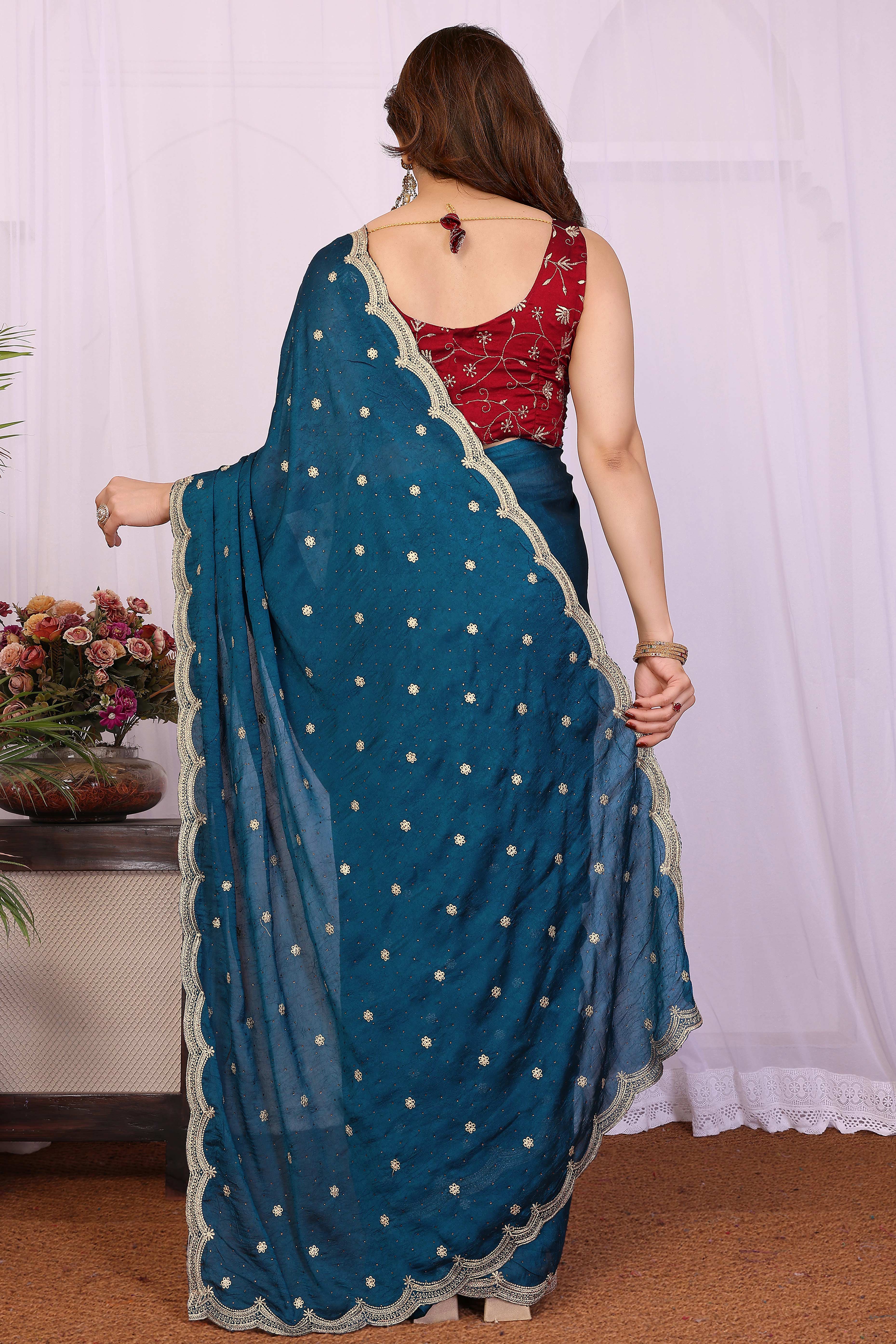 Teal Thread Work Embroidered Vichitra Silk Saree Stunning Partywear with Luxurious Finish