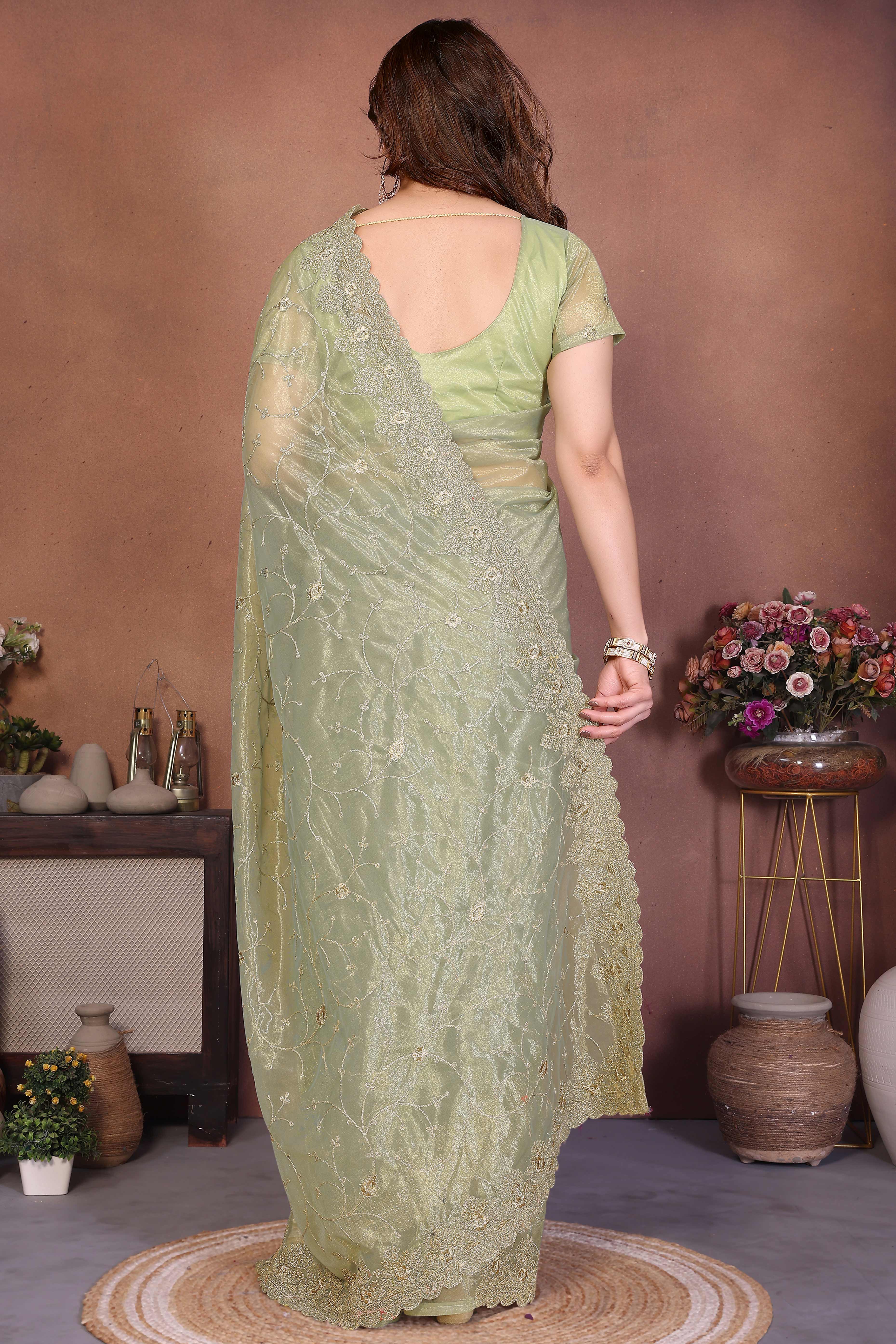Pista Green Designer Twill Net Saree Enhanced with Delicate Thread Work Embroidery