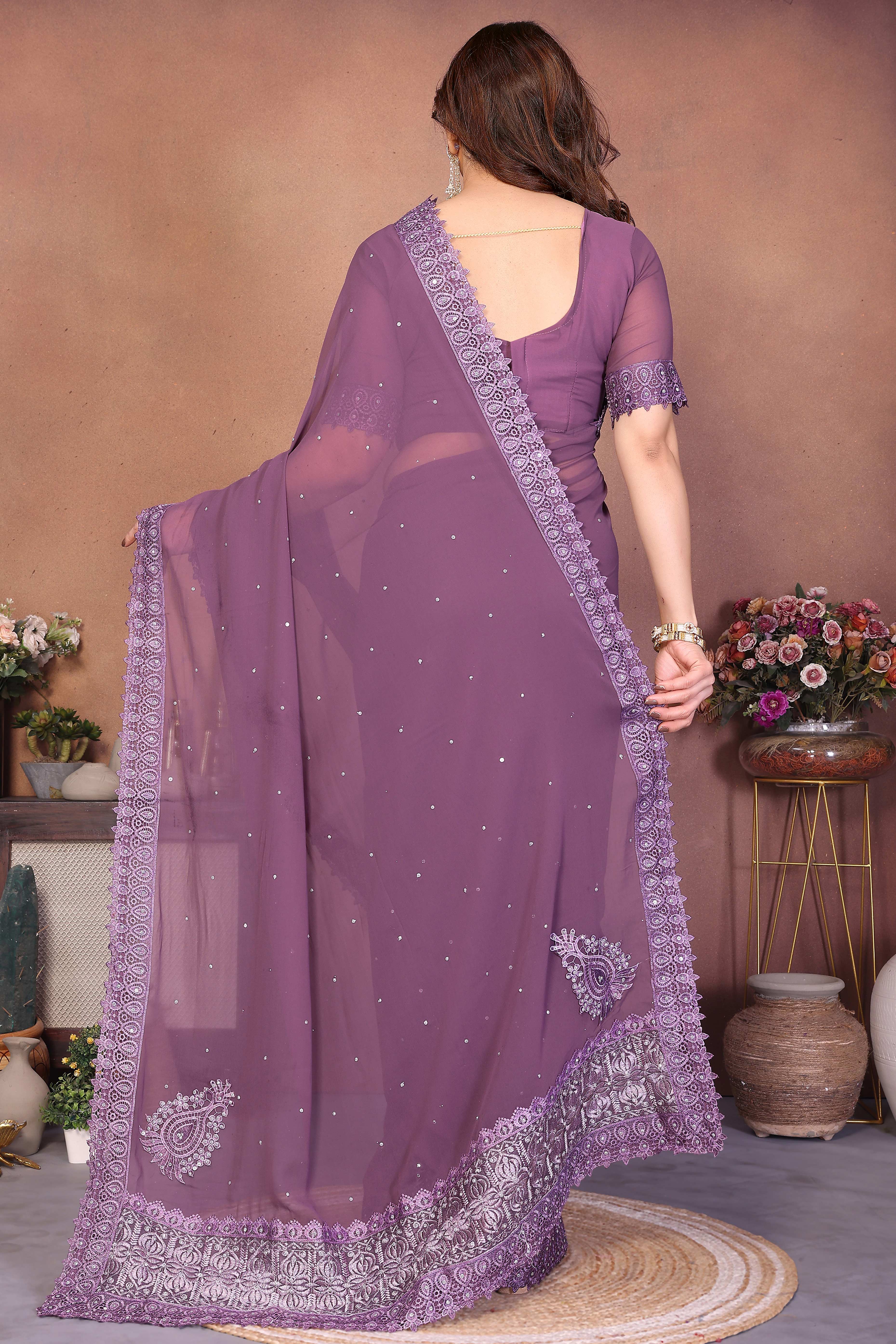 Mauve Designer Georgette Saree Enhanced with Delicate Thread Work Embroidery