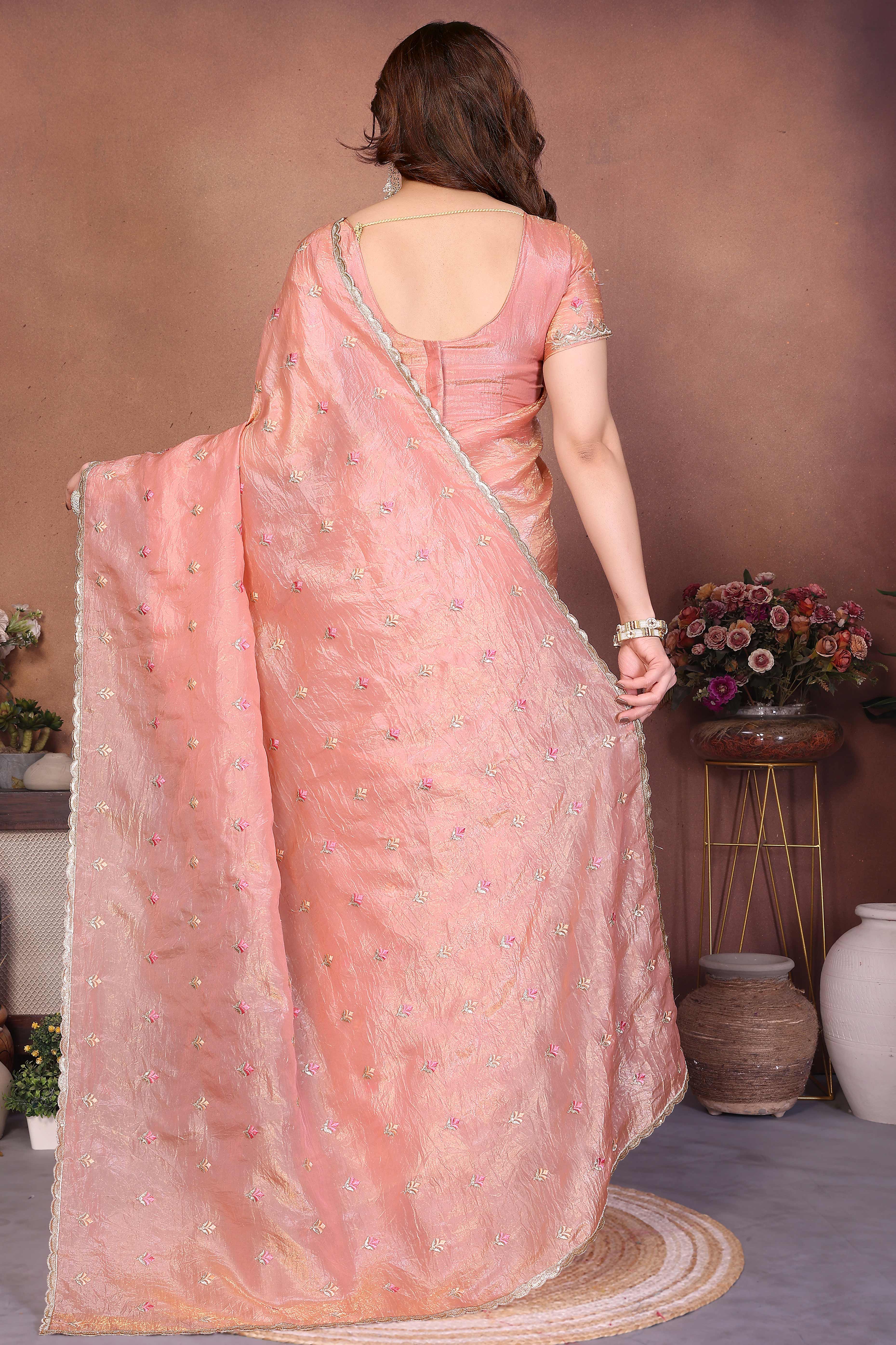 Peach Designer Crepe Saree Enhanced with Delicate Thread Work Embroidery