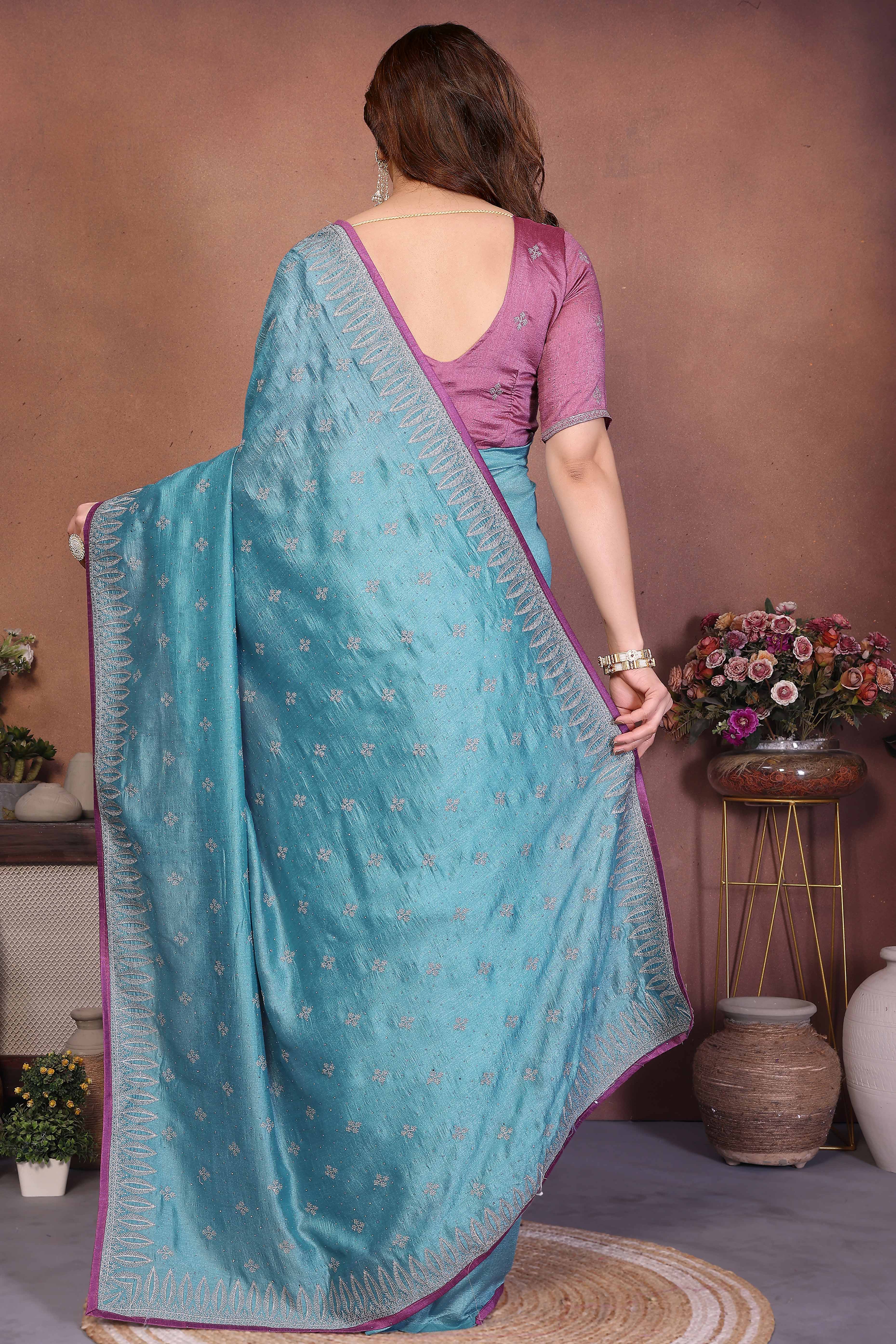 Teal Designer Vichitra Silk Saree Enhanced with Delicate Thread Work Embroidery