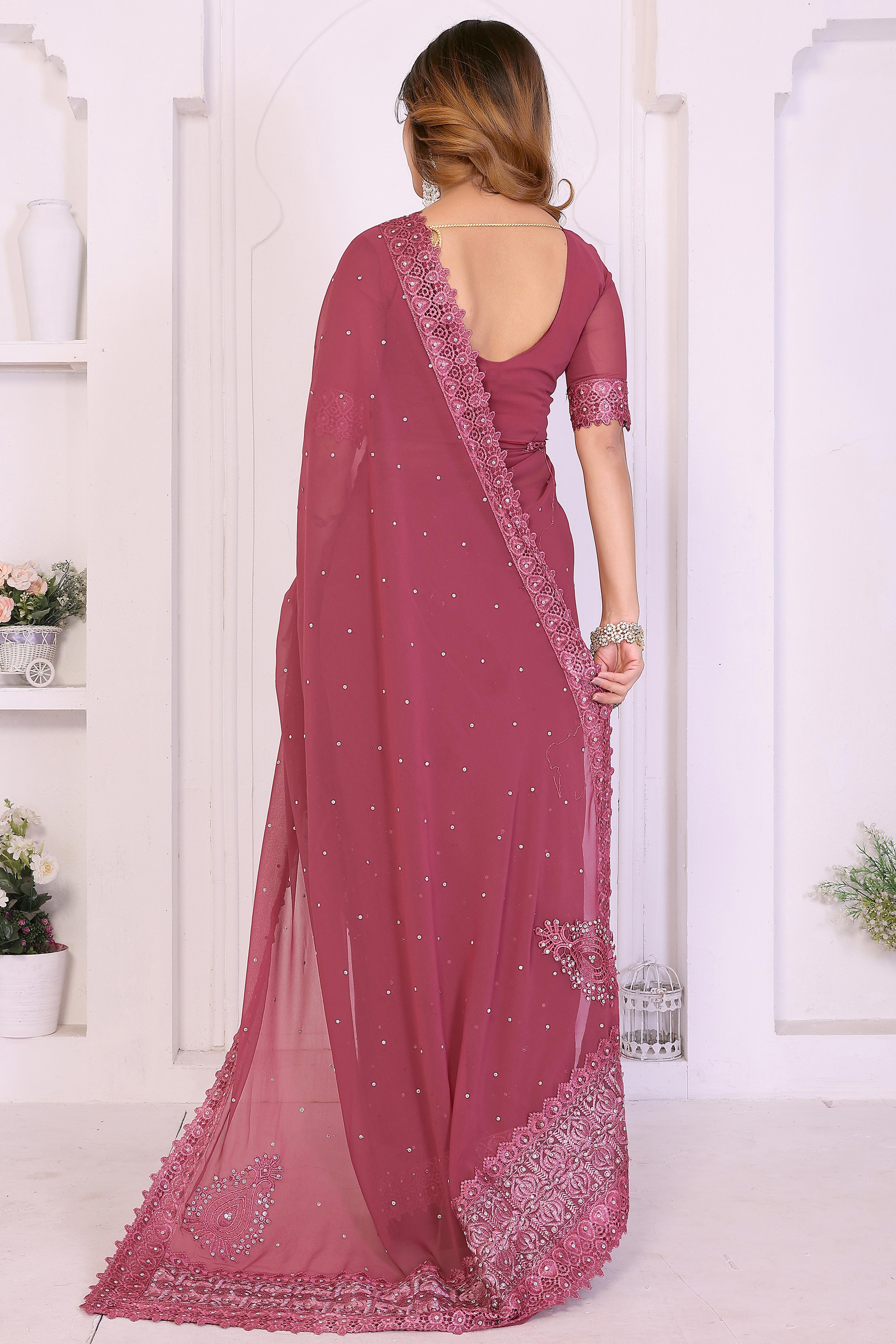 Dusty Pink Designer Georgette Saree Enhanced with Delicate Thread Work Embroidery
