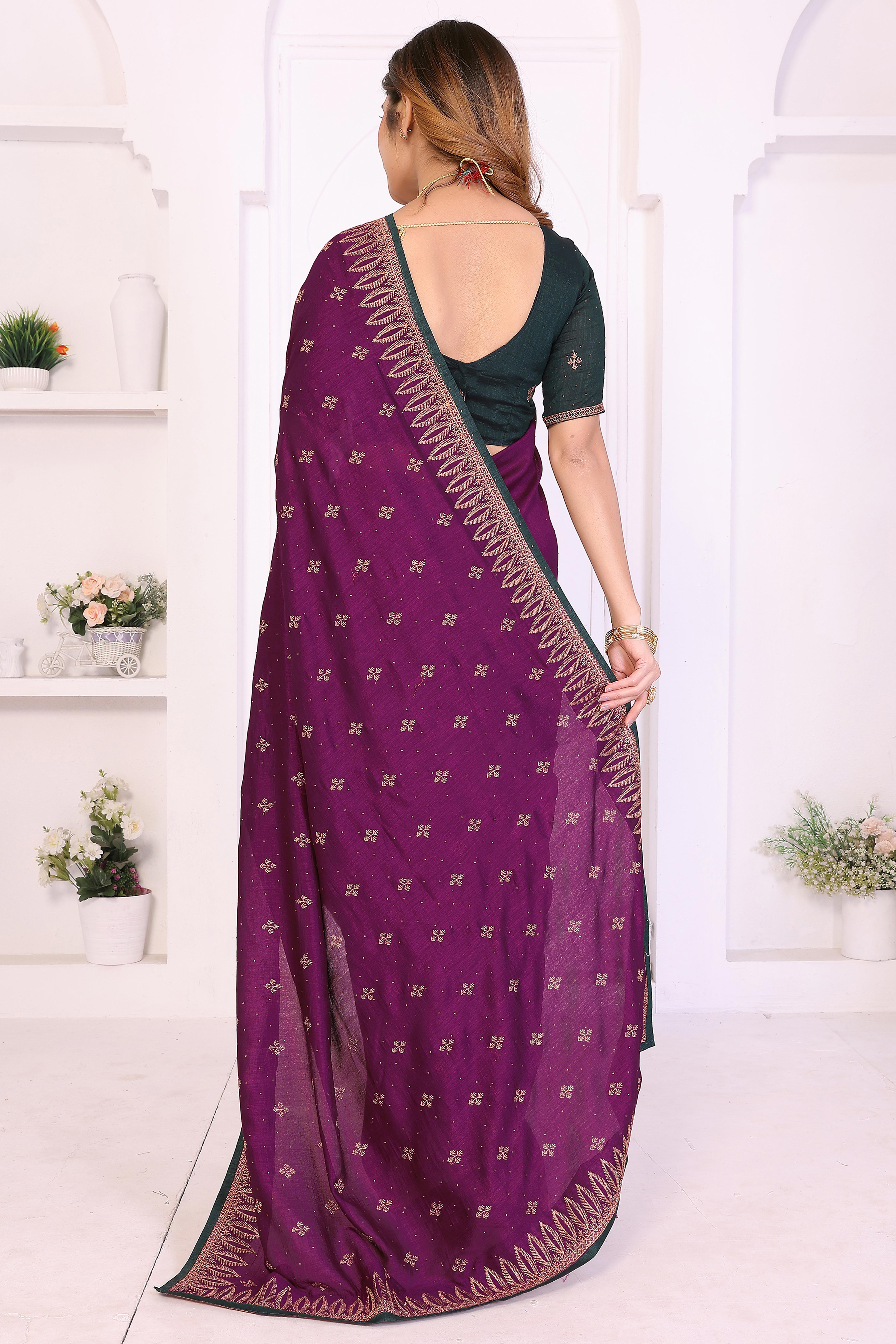 Purple Designer Vichitra Silk Saree Enhanced with Delicate Thread Work Embroidery