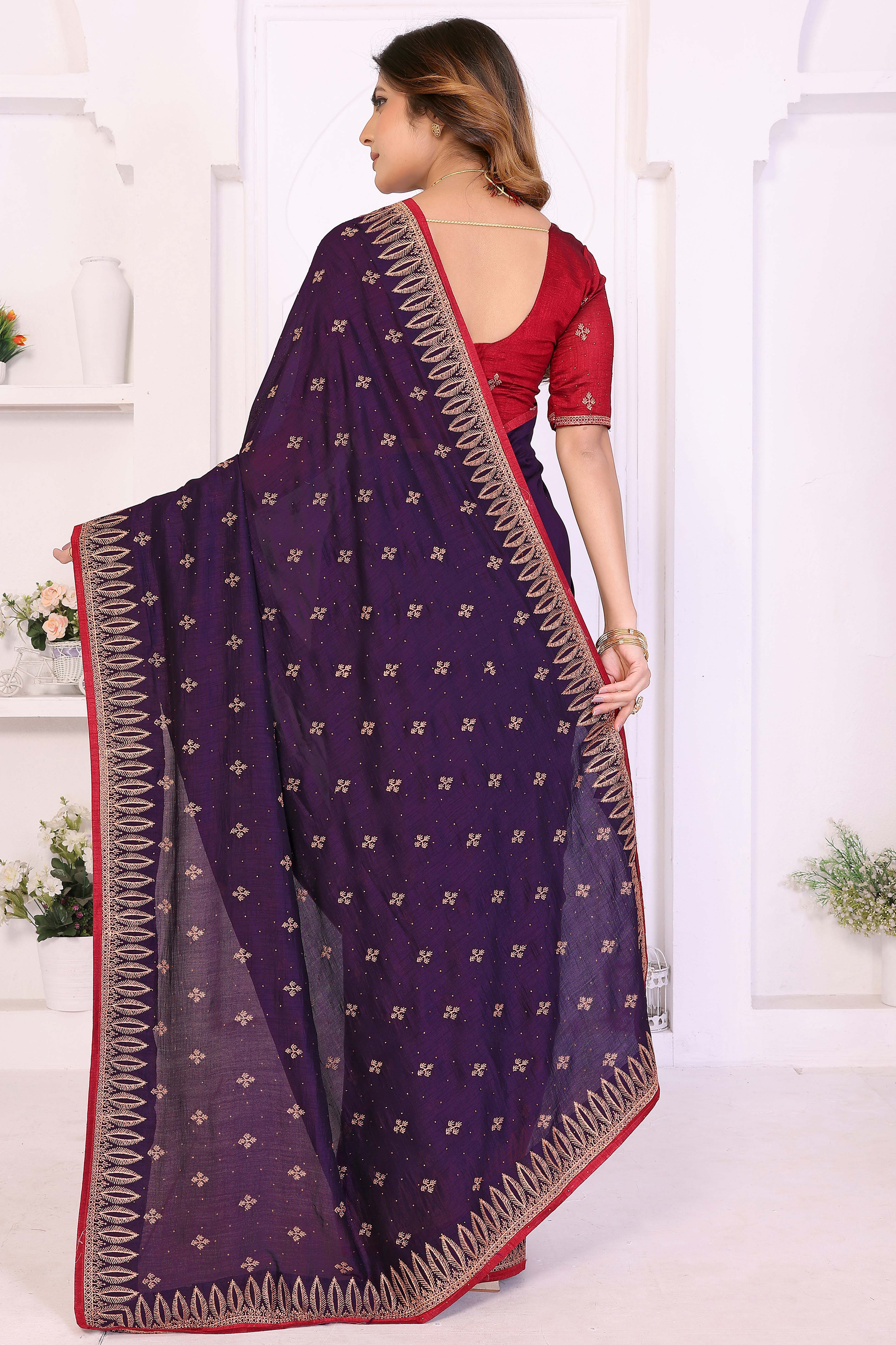Violet Designer Vichitra Silk Saree Enhanced with Delicate Thread Work Embroidery
