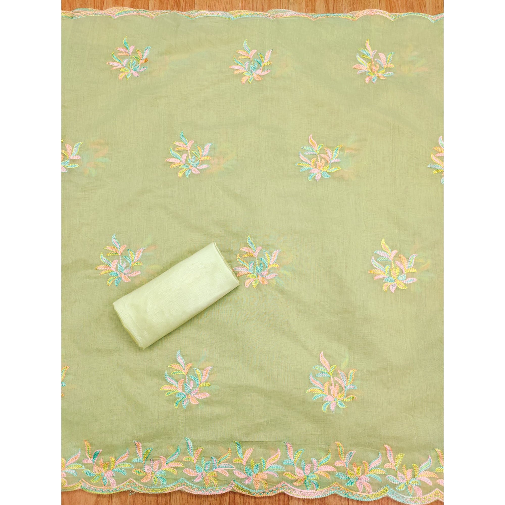 Green Floral Embroidered Chanderi Dress Material