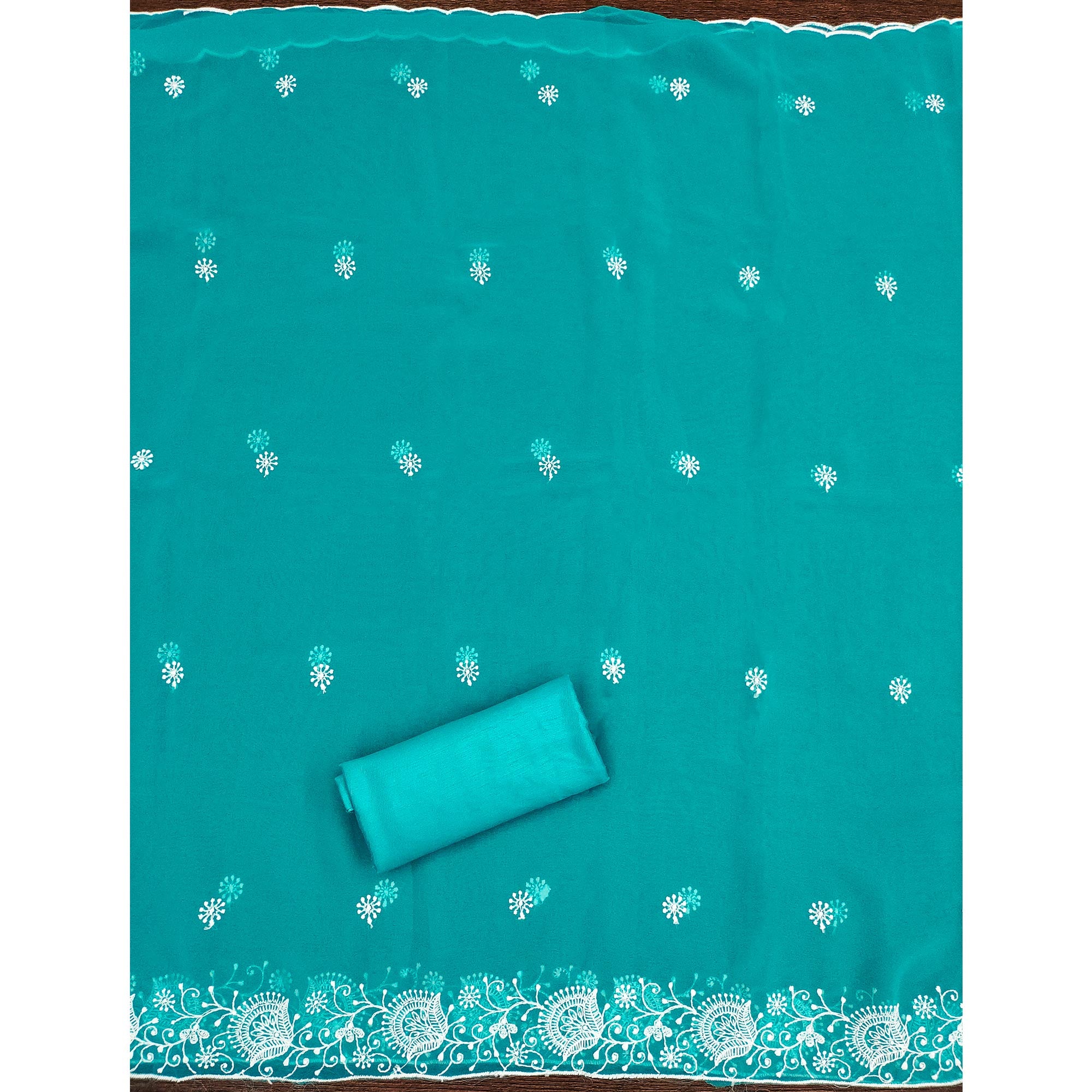 Turquoise Floral Embroidered Georgette Dress Material