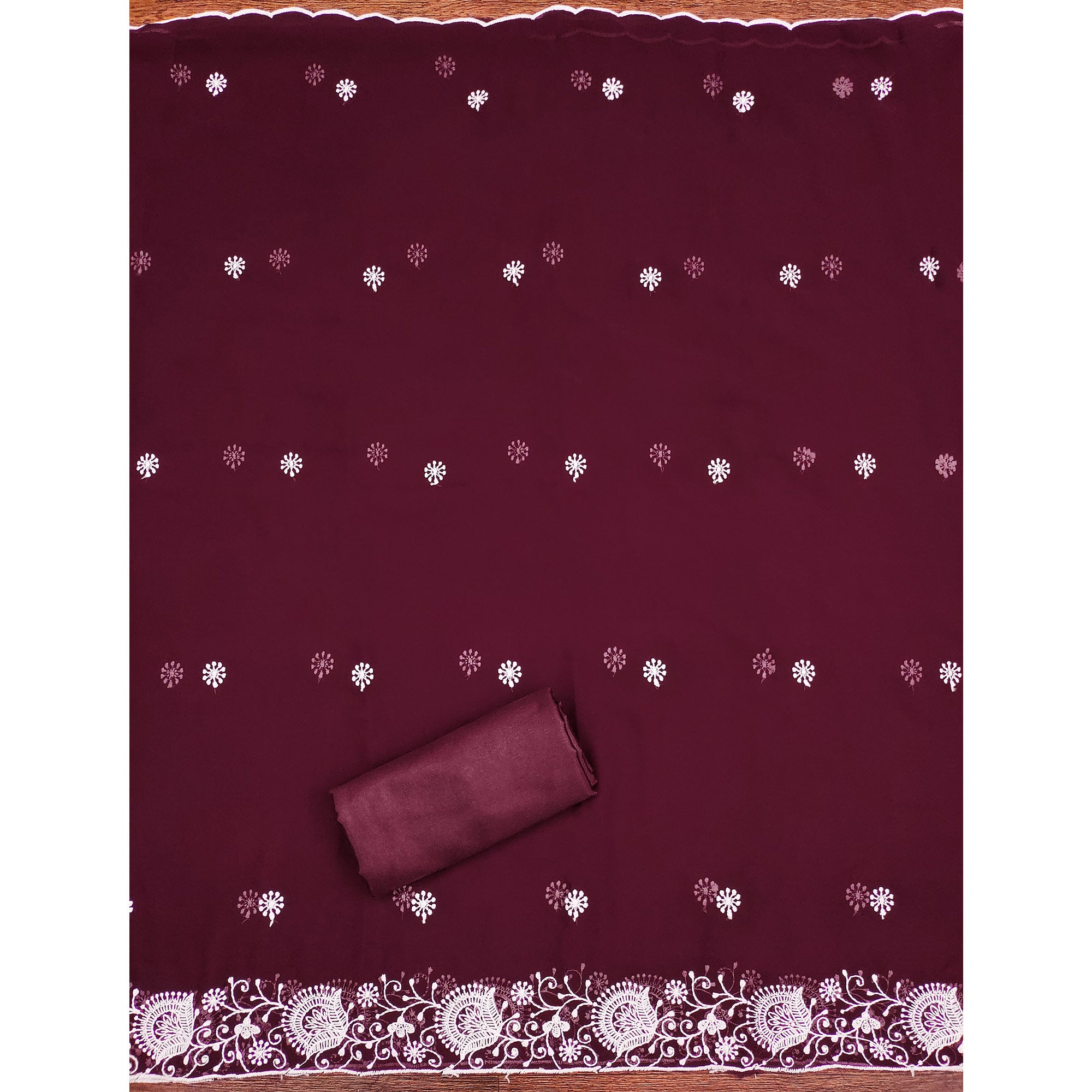 Wine Floral Embroidered Georgette Dress Material
